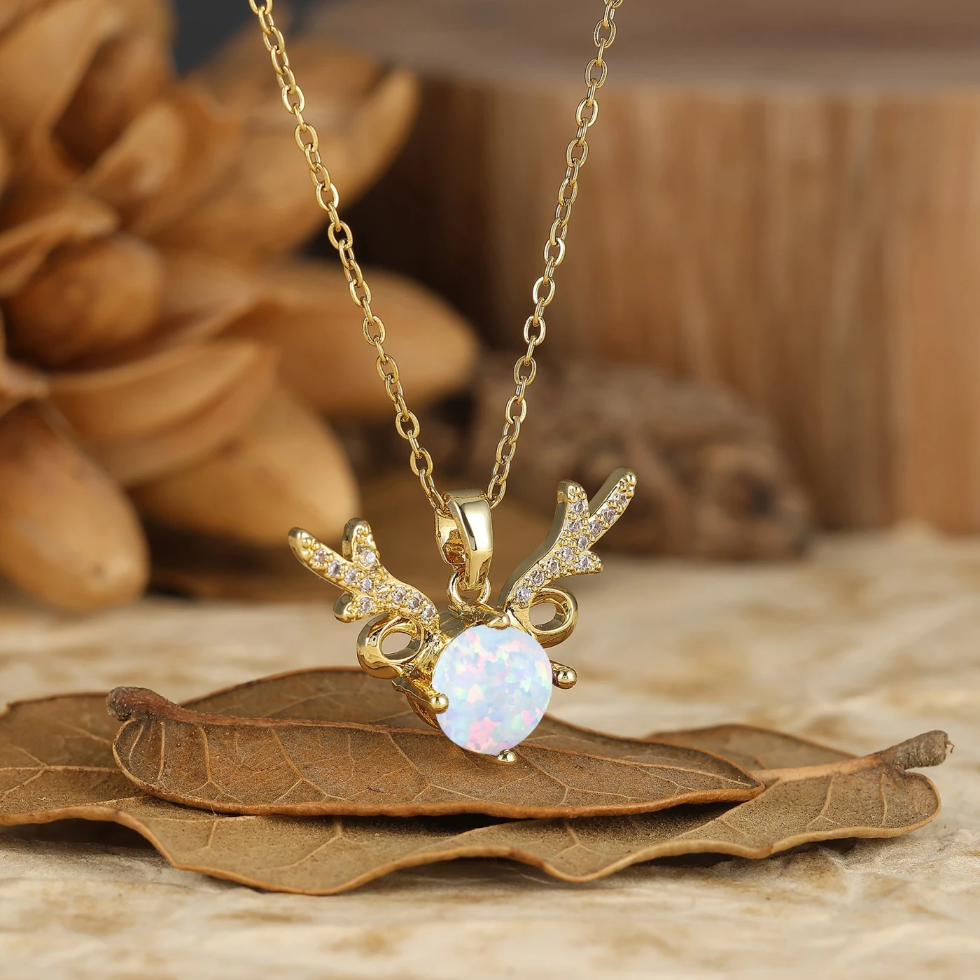 925 Sterling Silver Dainty Round Natural Pink White Opal Deer Antler Pendant Necklace 14K Gold Neckalce - view 2