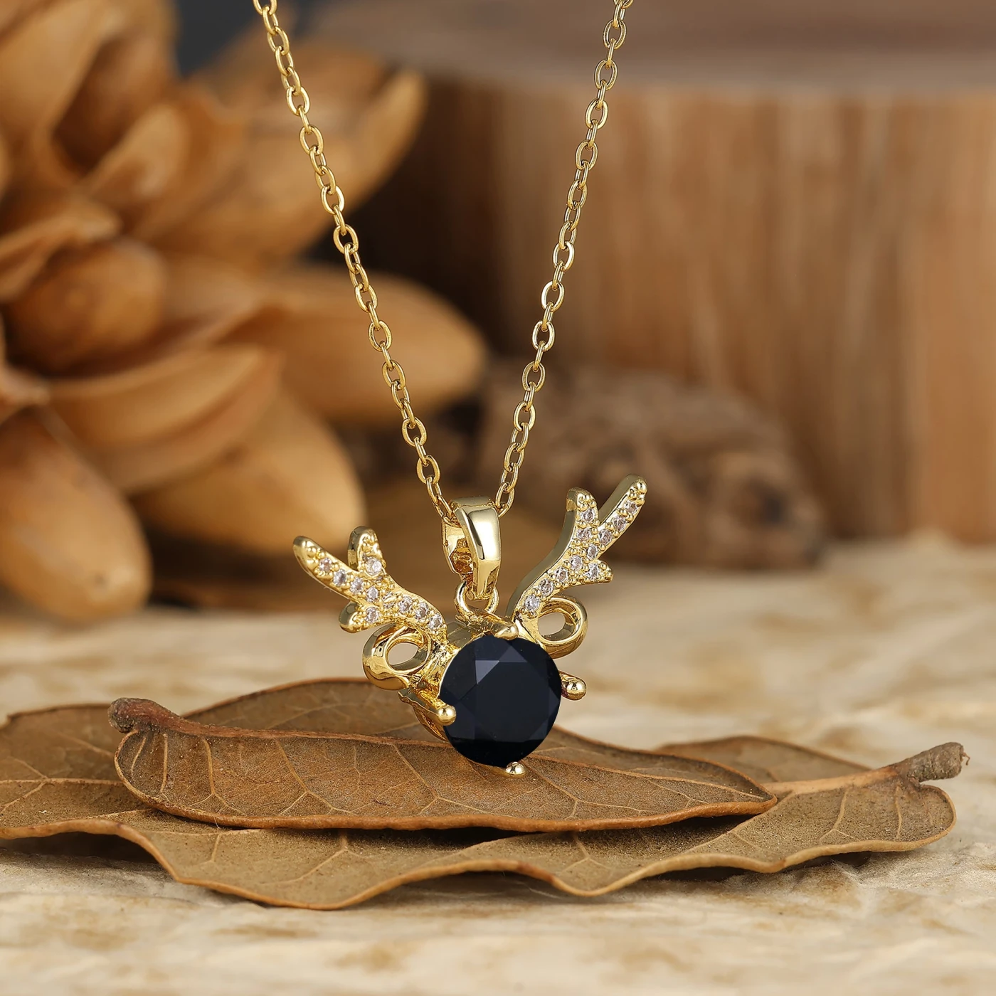 925 Sterling Silver Dainty Round Natural Black Onyx Deer Antler Pendant Necklace 14K Gold Neckalce - view 3