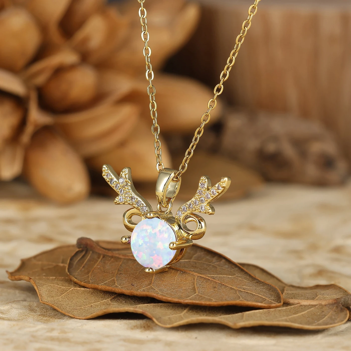 925 Sterling Silver Dainty Round Natural Black Onyx Deer Antler Pendant Necklace 14K Gold Neckalce - view 7