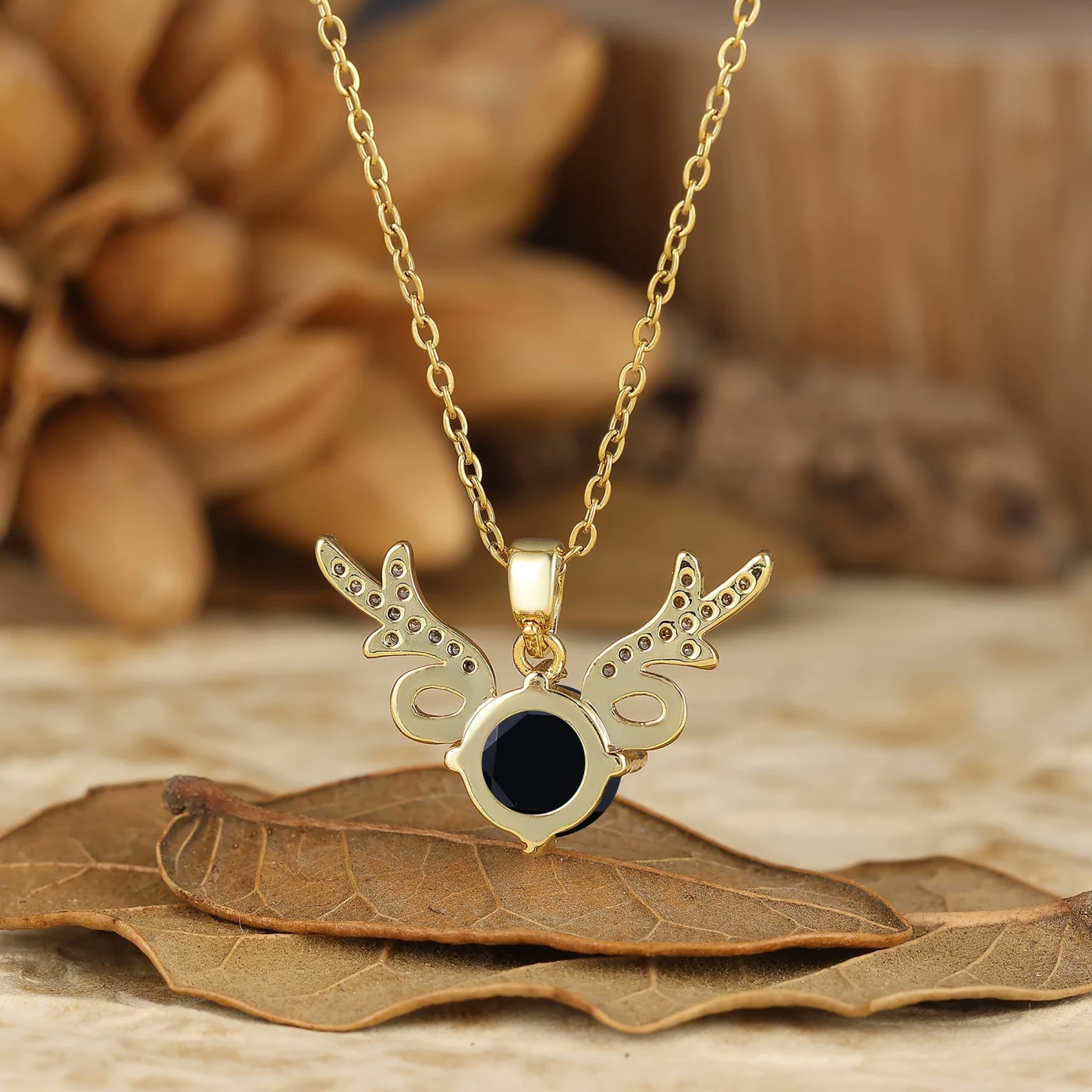 925 Sterling Silver Dainty Round Natural Black Onyx Deer Antler Pendant Necklace 14K Gold Neckalce - view 4