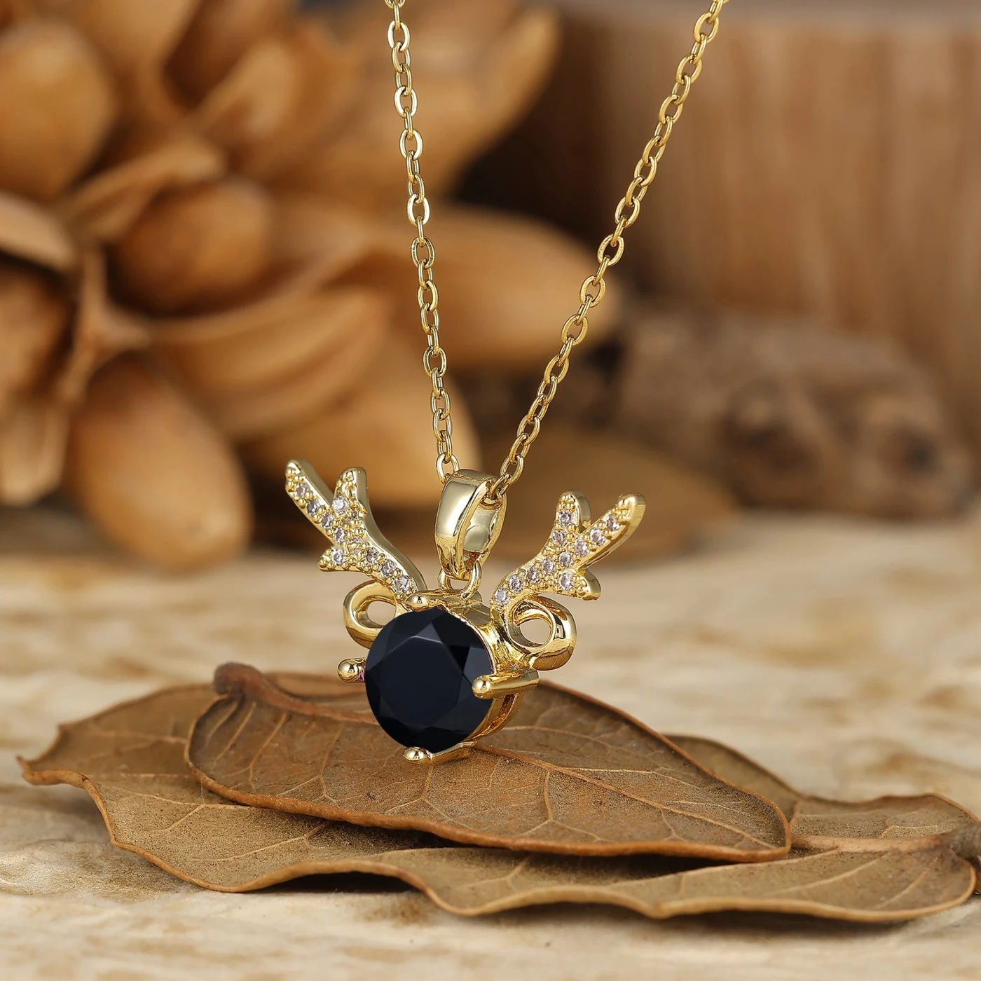 925 Sterling Silver Dainty Round Natural Black Onyx Deer Antler Pendant Necklace 14K Gold Neckalce - view 2