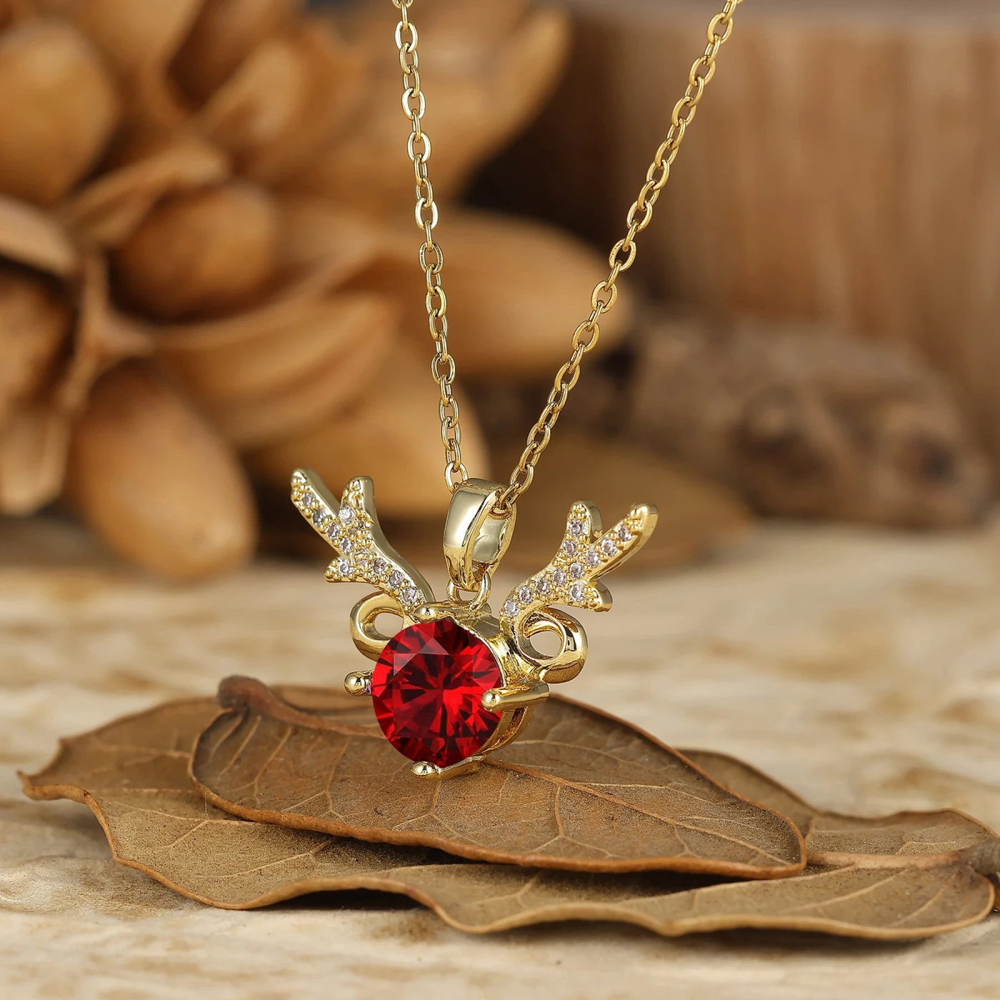 925 Sterling Silver Dainty Round Ruby Deer Antler Pendant Necklace 14K Gold Neckalce - view 2