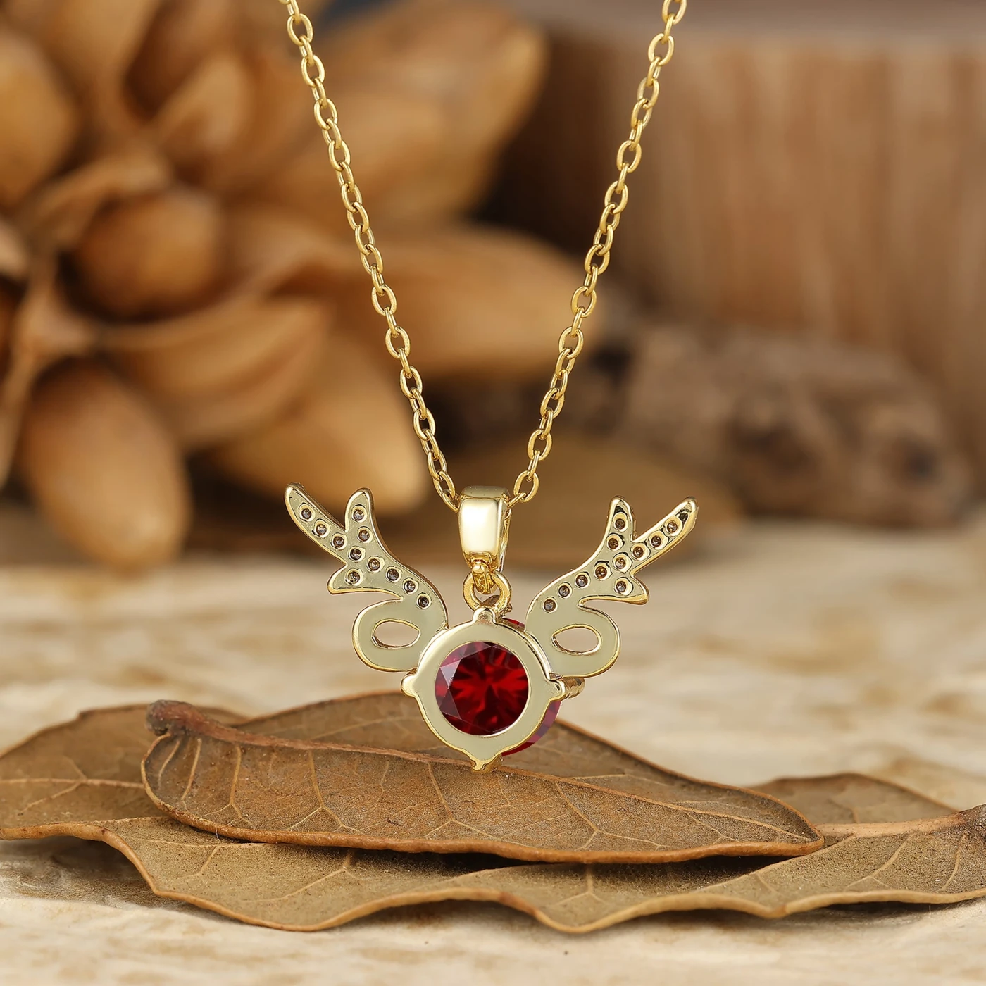 925 Sterling Silver Dainty Round Ruby Deer Antler Pendant Necklace 14K Gold Neckalce - view 4