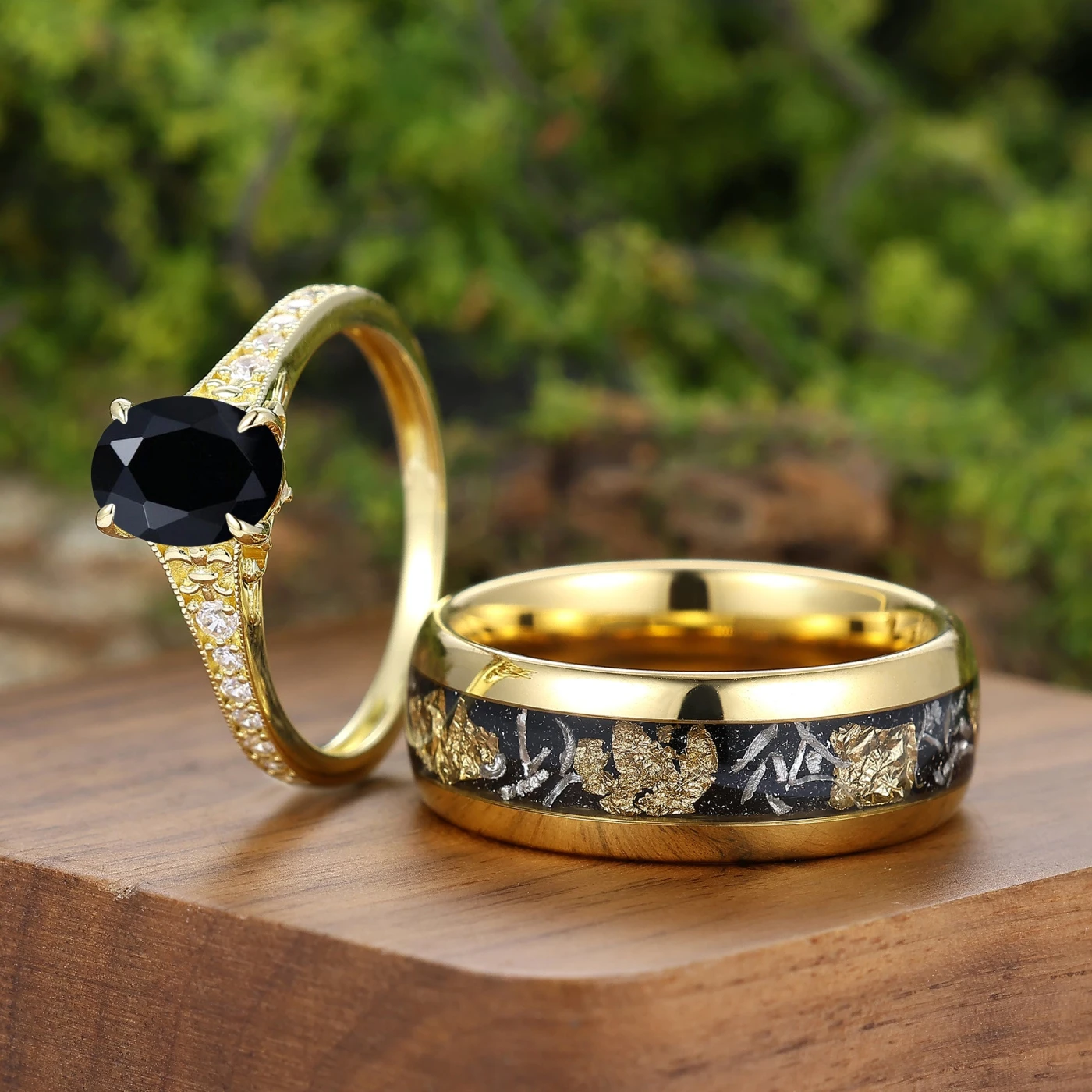 Artsy Half Eternity Black Onyx Milgrained Couple Rings Gold Plated His And Hers Rings - view 4