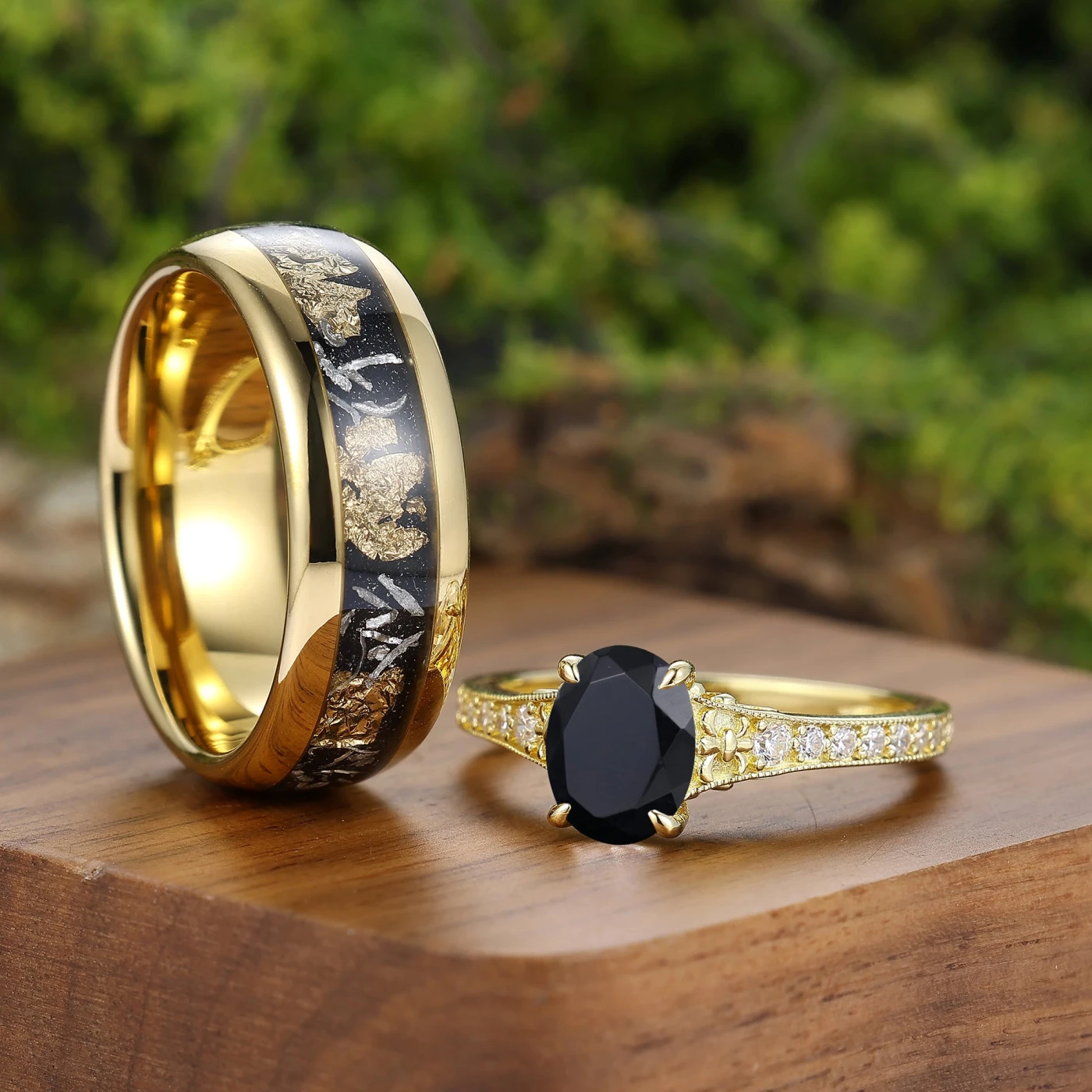 Artsy Half Eternity Black Onyx Milgrained Couple Rings Gold Plated His And Hers Rings - view 3