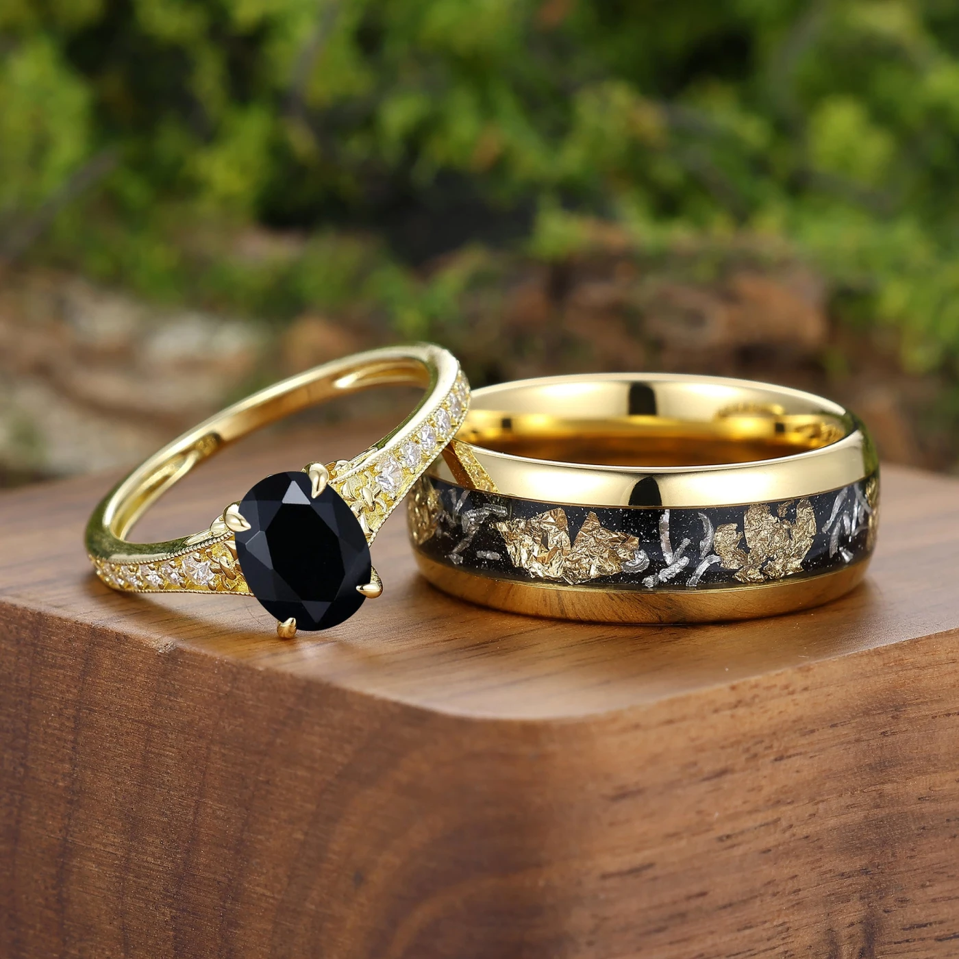Artsy Half Eternity Black Onyx Milgrained Couple Rings Gold