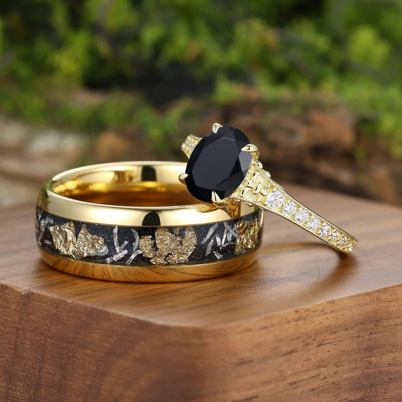 Artsy Half Eternity Black Onyx Milgrained Couple Rings Gold Plated His And Hers Rings - view 2