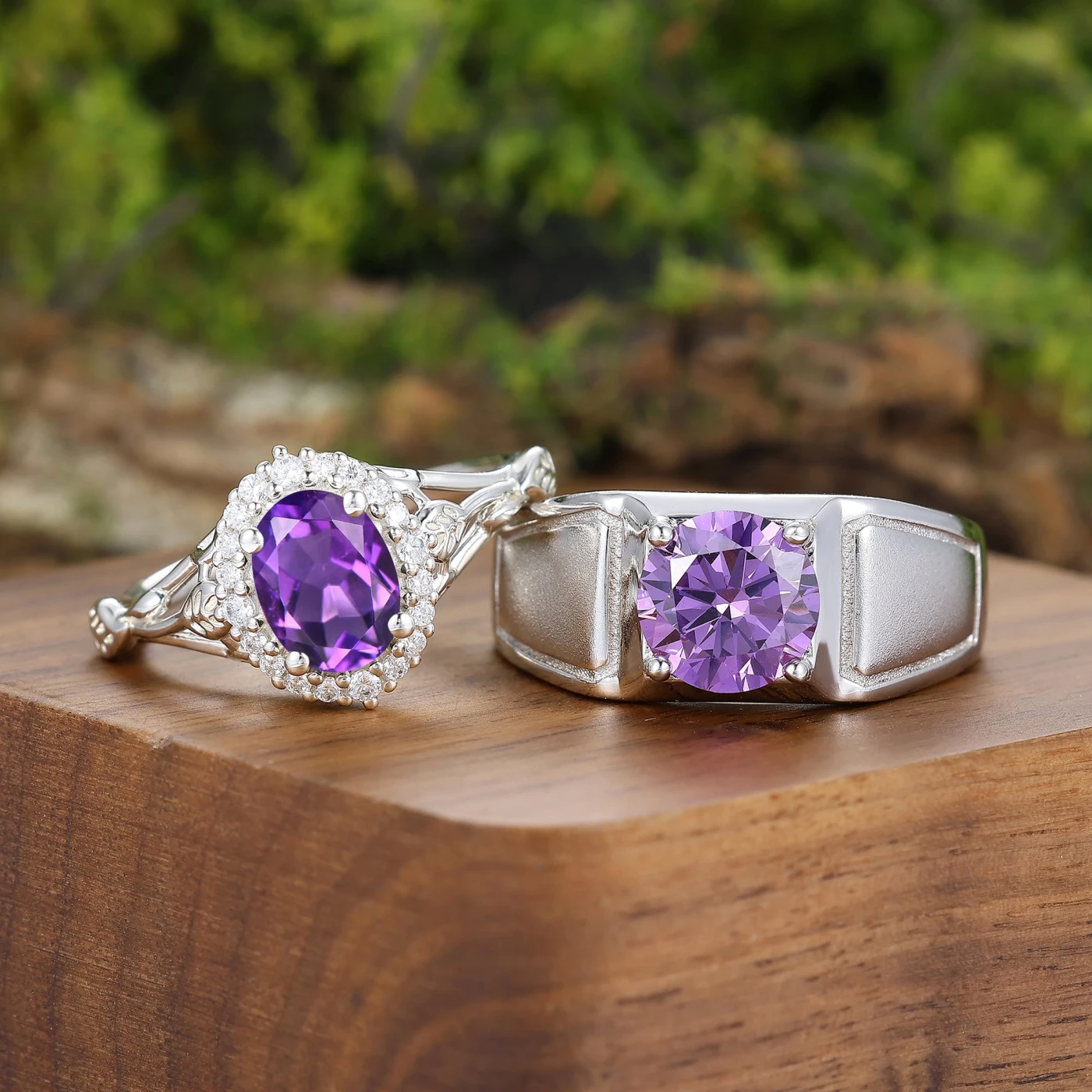 Art Deco Cluster Natural Amethyst His And Hers Rings Sterling Couple Rings