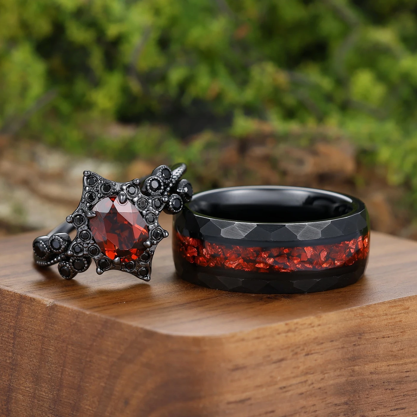 Gothic Floral Design Red Garnet Couple Rings Black Plated S925 And Tungsten Ring Set - view 2