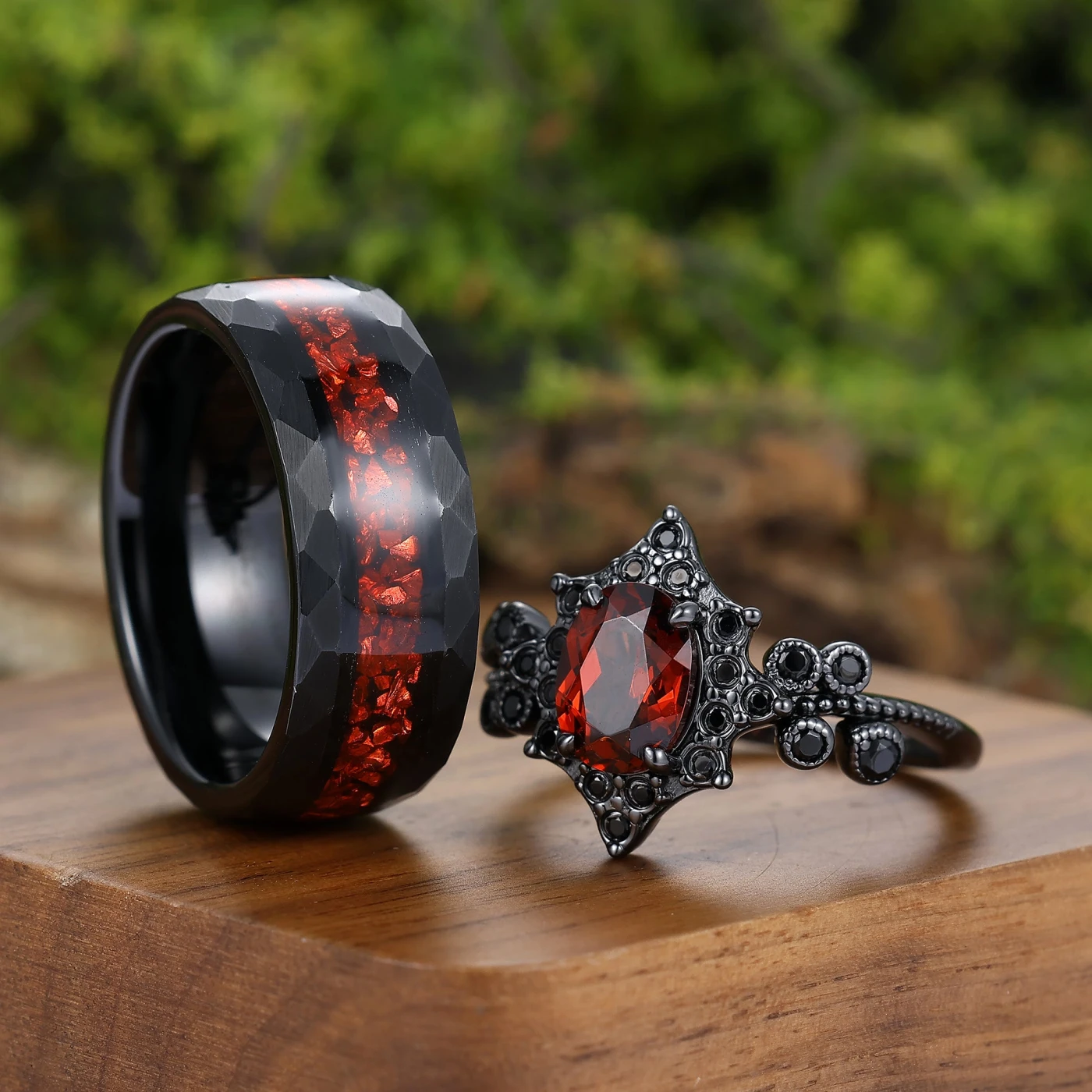 Gothic Floral Design Red Garnet Couple Rings Black Plated S925