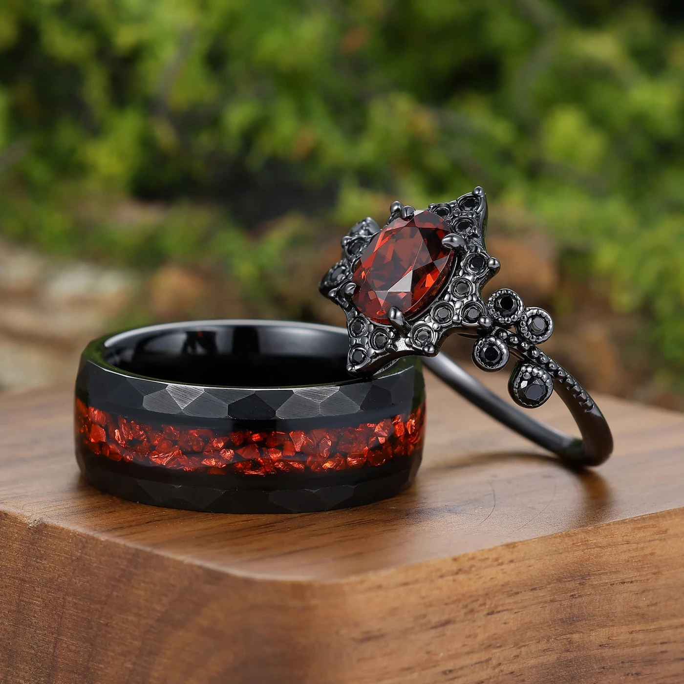 Gothic Floral Design Red Garnet Couple Rings Black Plated S925 And Tungsten Ring Set - view 4