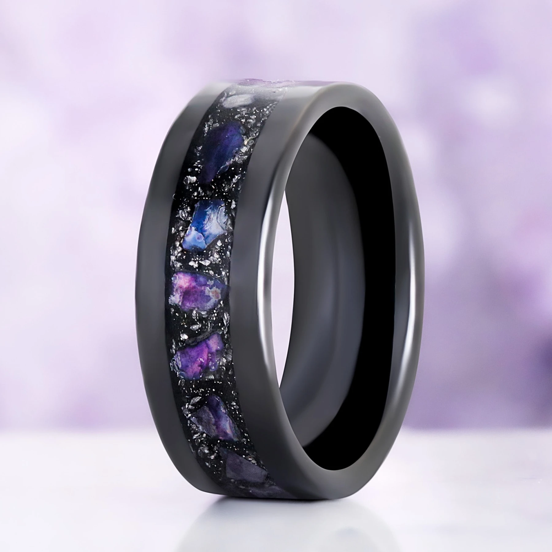 Galaxy Mother of Pearl & Meteorite Wedding Band in Black Tungsten Carbide (8mm) - view 1
