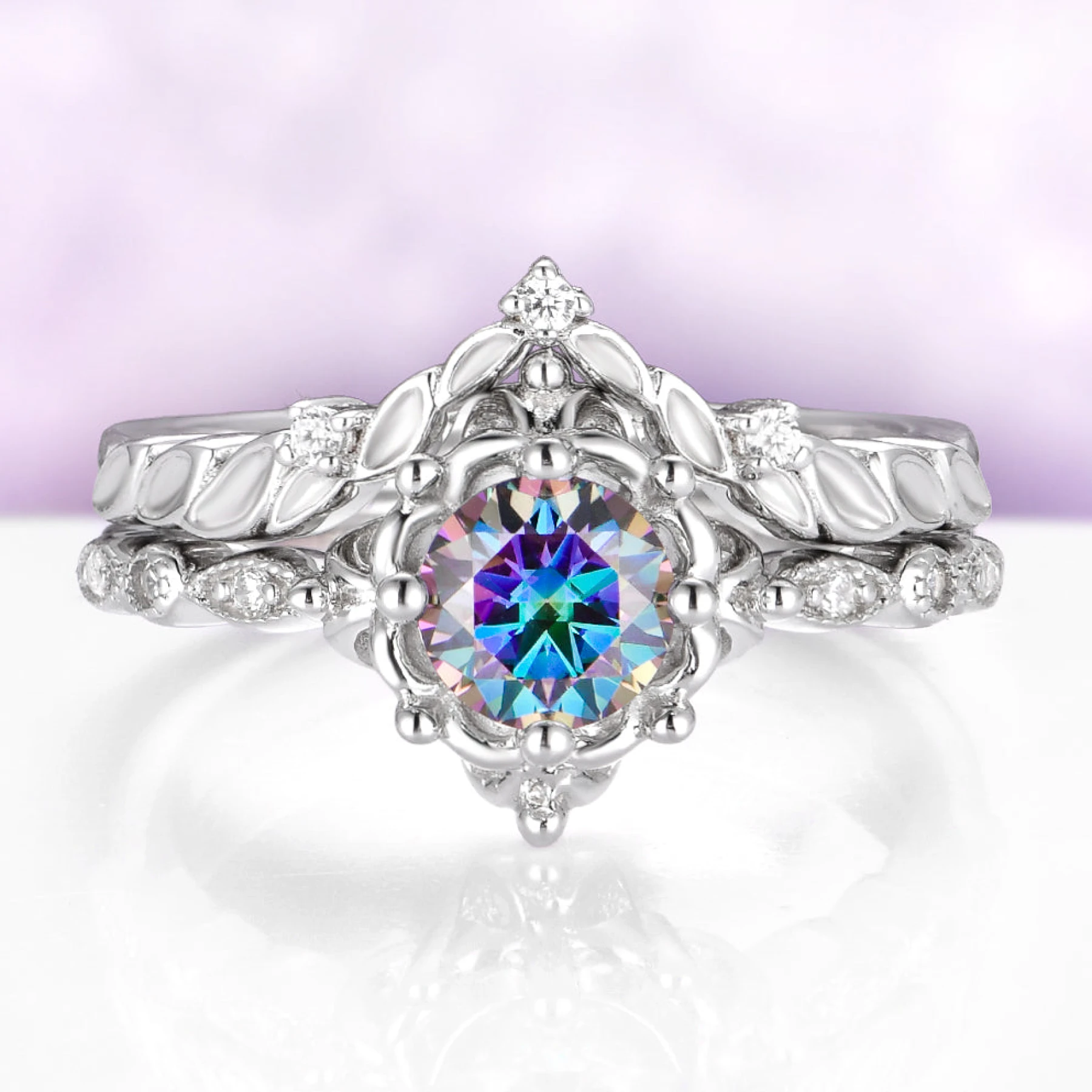 Mystical Fairy Rainbow Moissanite Ring Set in Sterling Silver