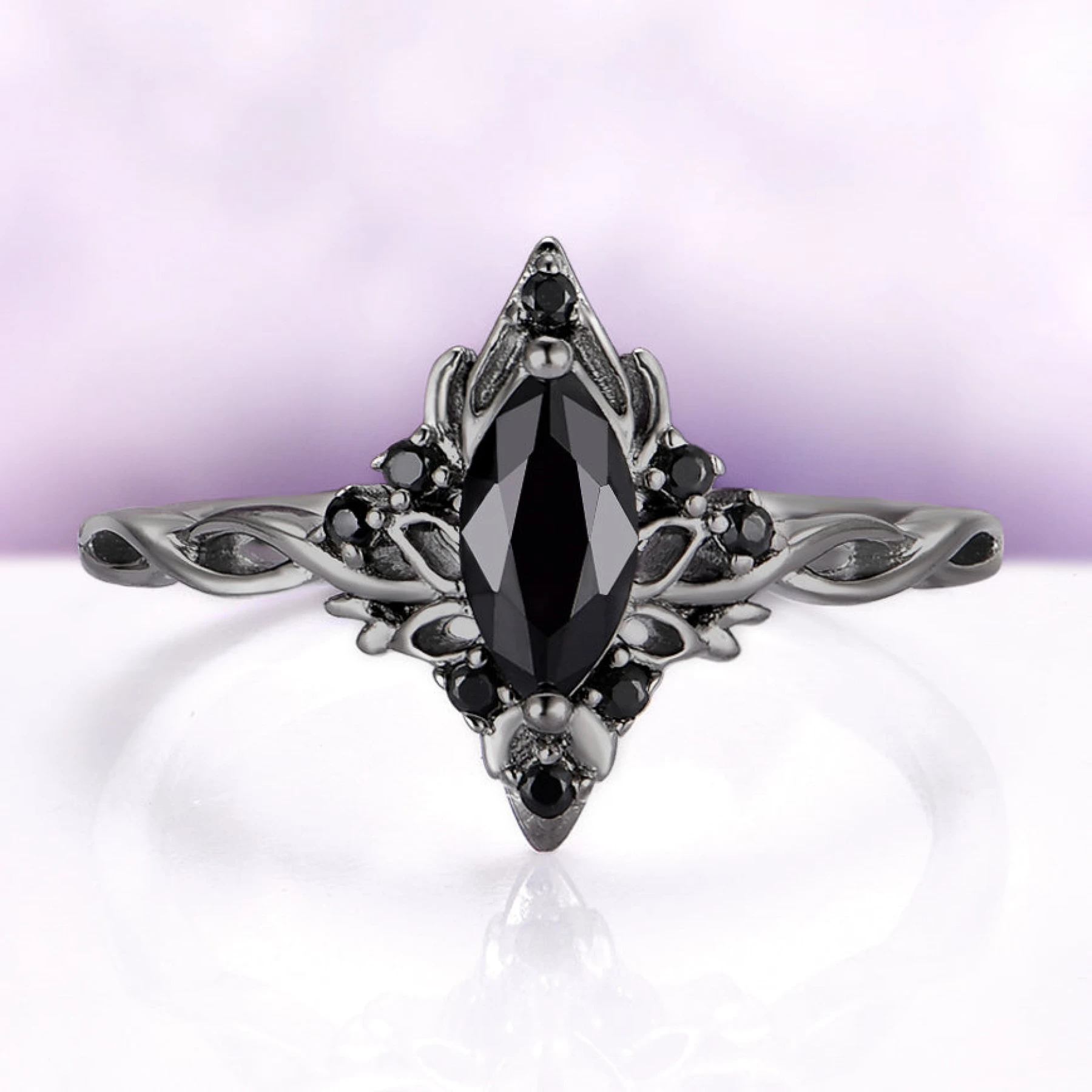 Shadow Queen Black Onyx Lotus Ring in Black Ruthenium - view 1