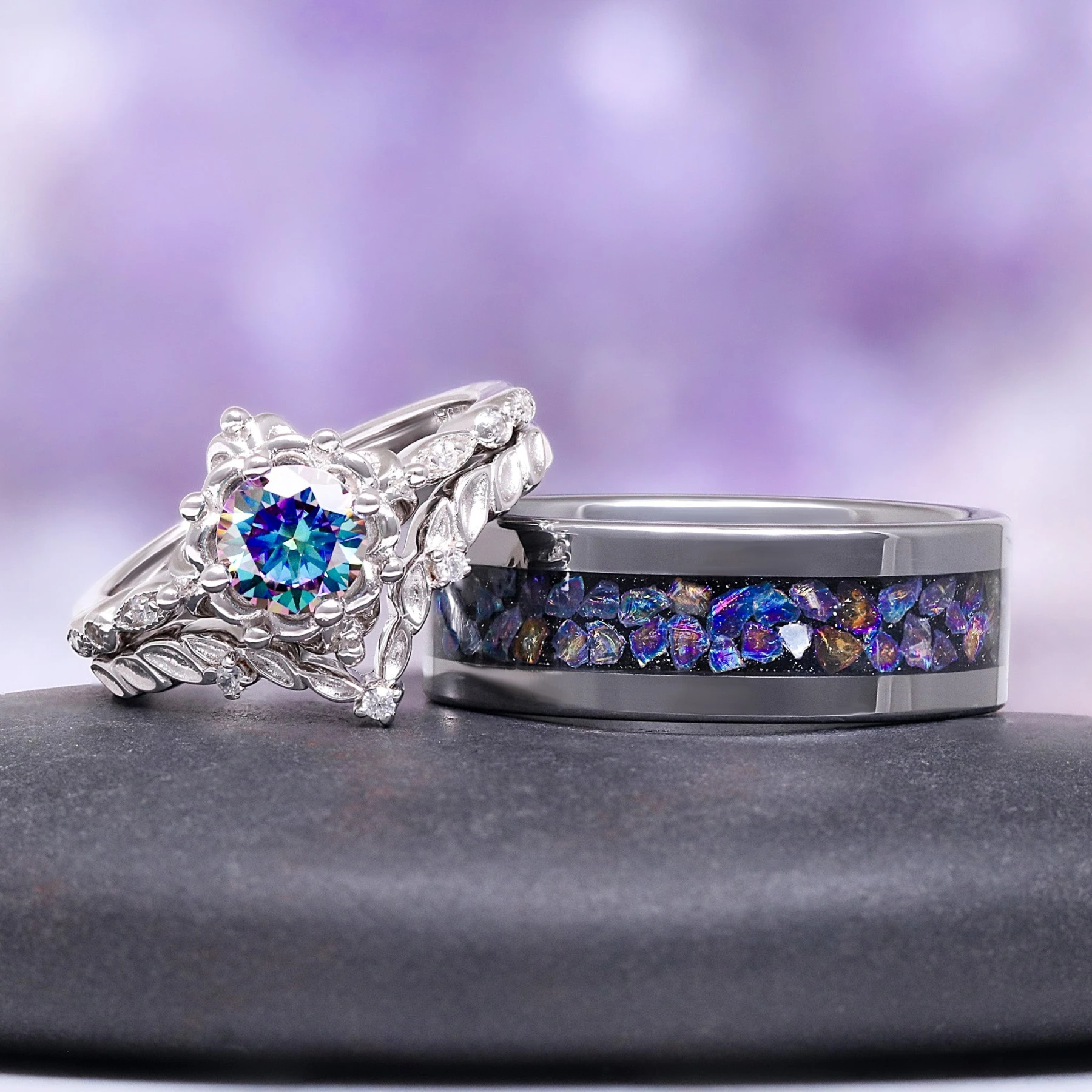 Mystical Fairy Rainbow Moissanite Couples Ring Set - view 1