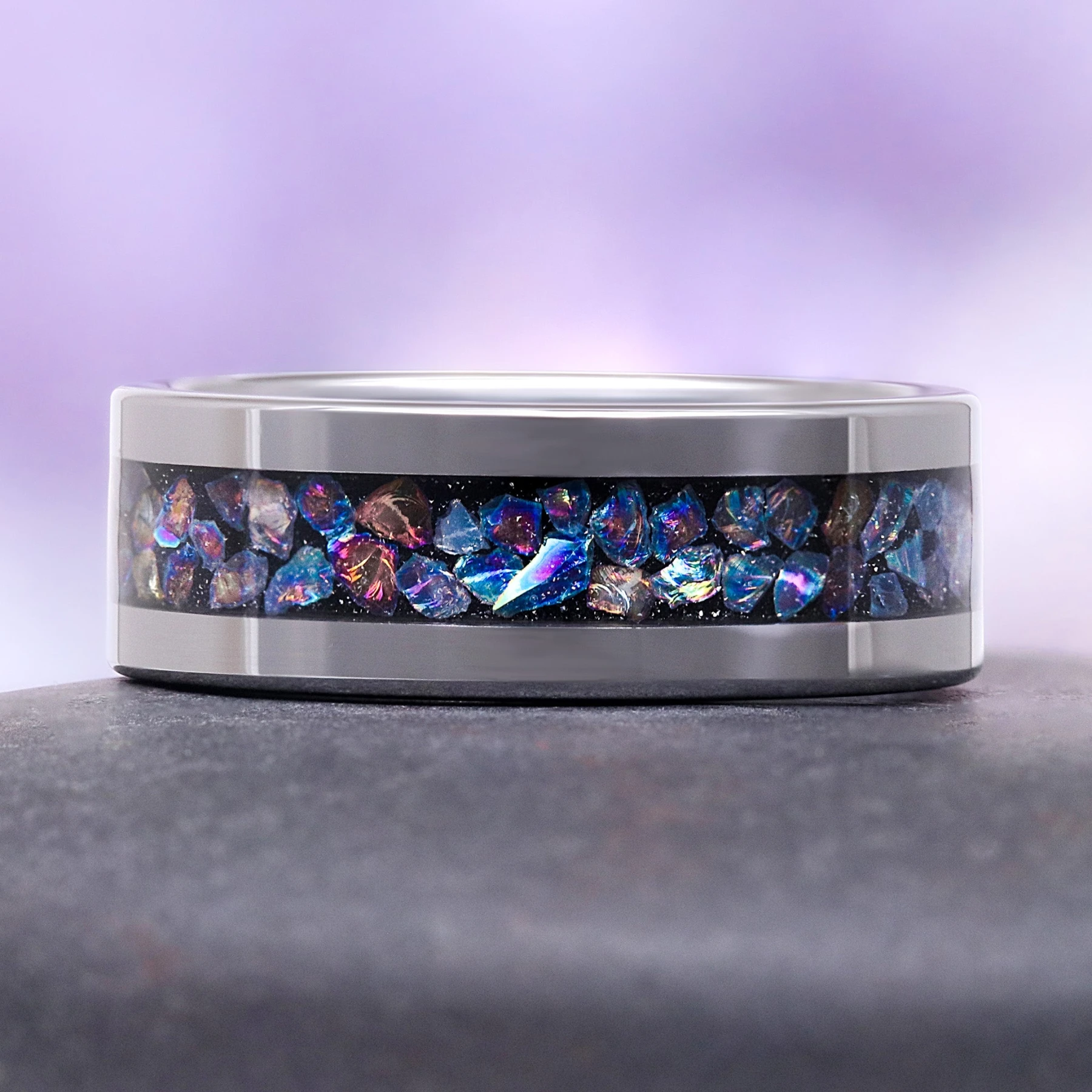 Crushed Rainbow Men's Wedding Band in Black Tungsten Carbide (8mm)