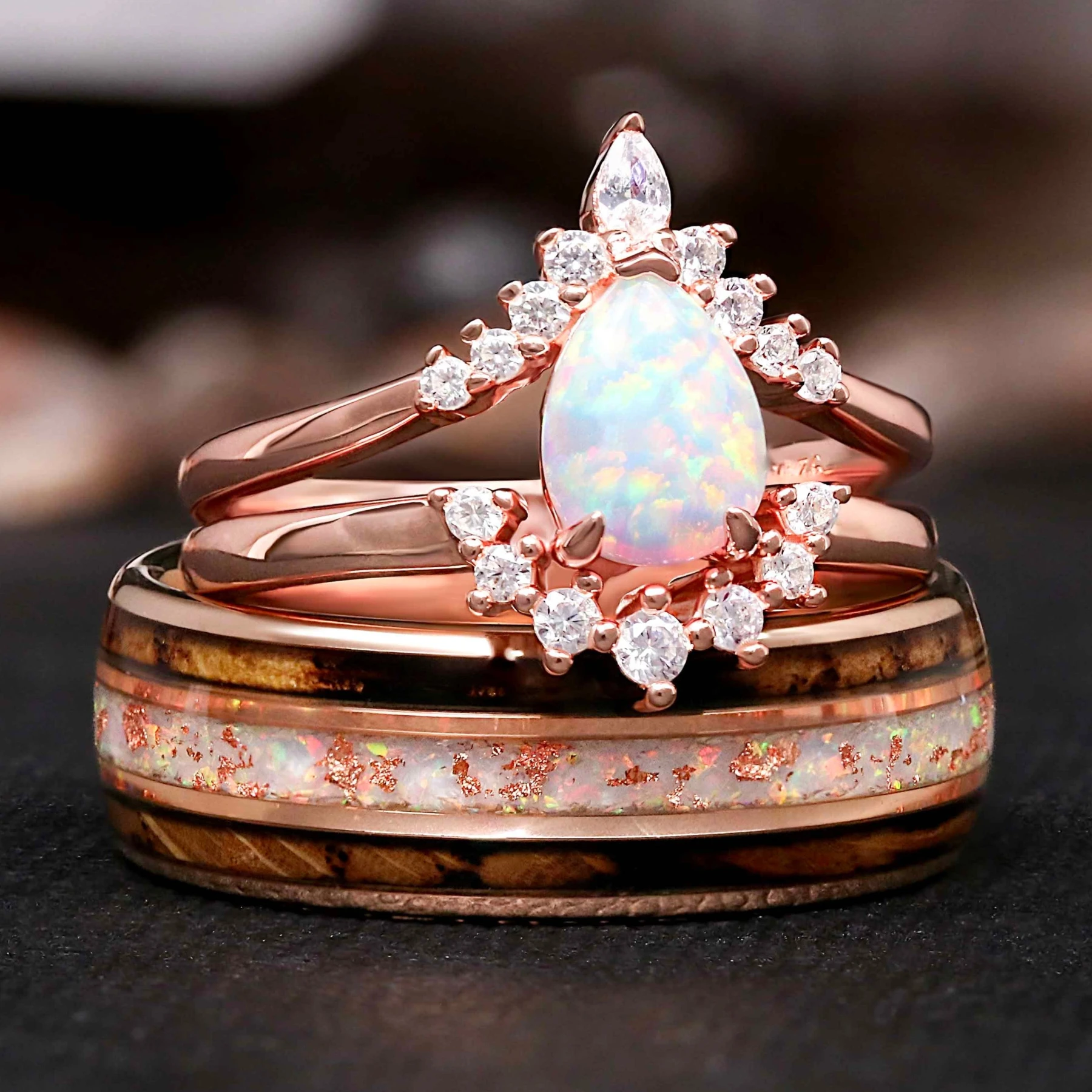 Rose Gold Opal Halo Ring & Whiskey Barrel Tungsten Band | His & Hers Set