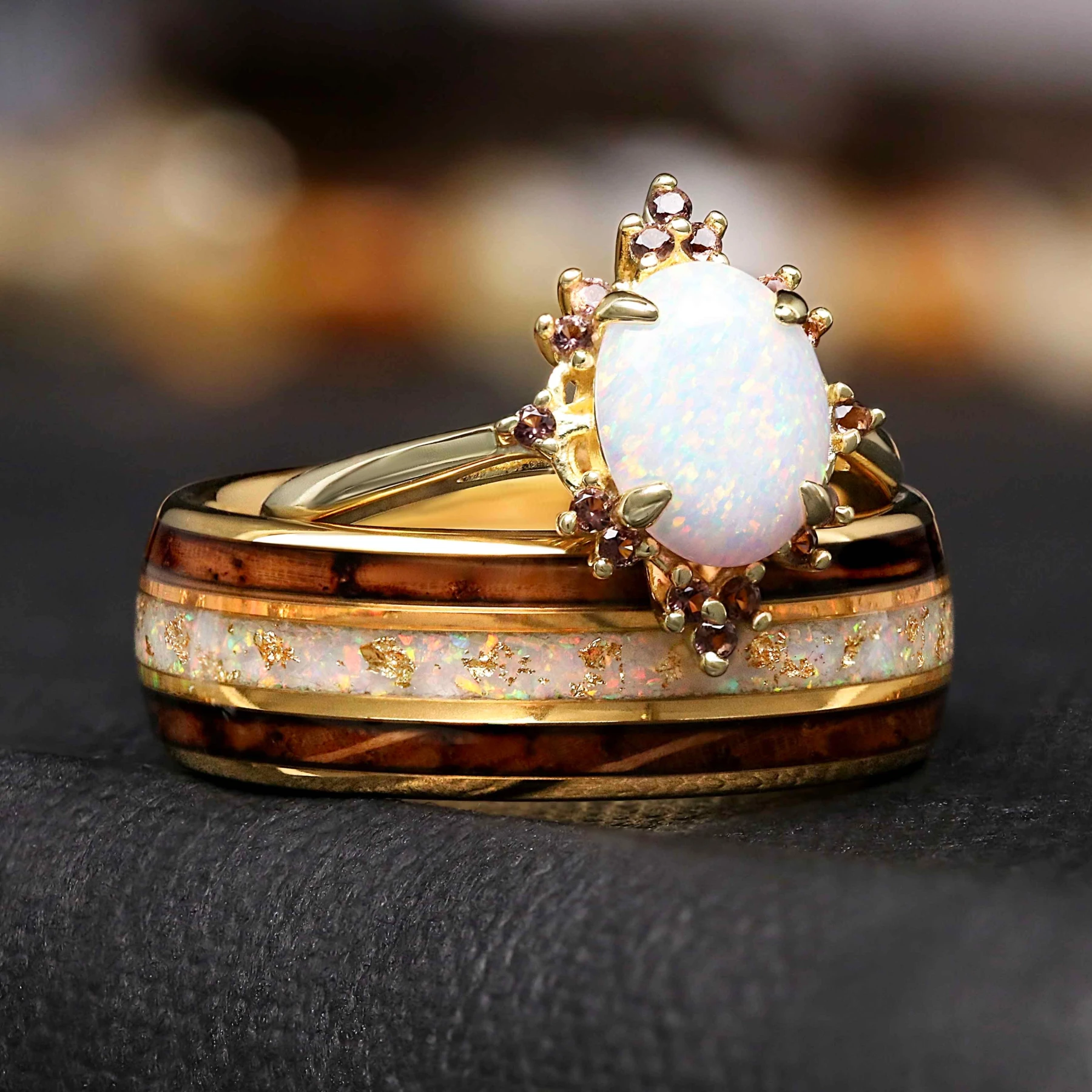 Ophelia His & Hers Opal Ring Set | Fire Opal Gold & Whiskey Barrel Tungsten