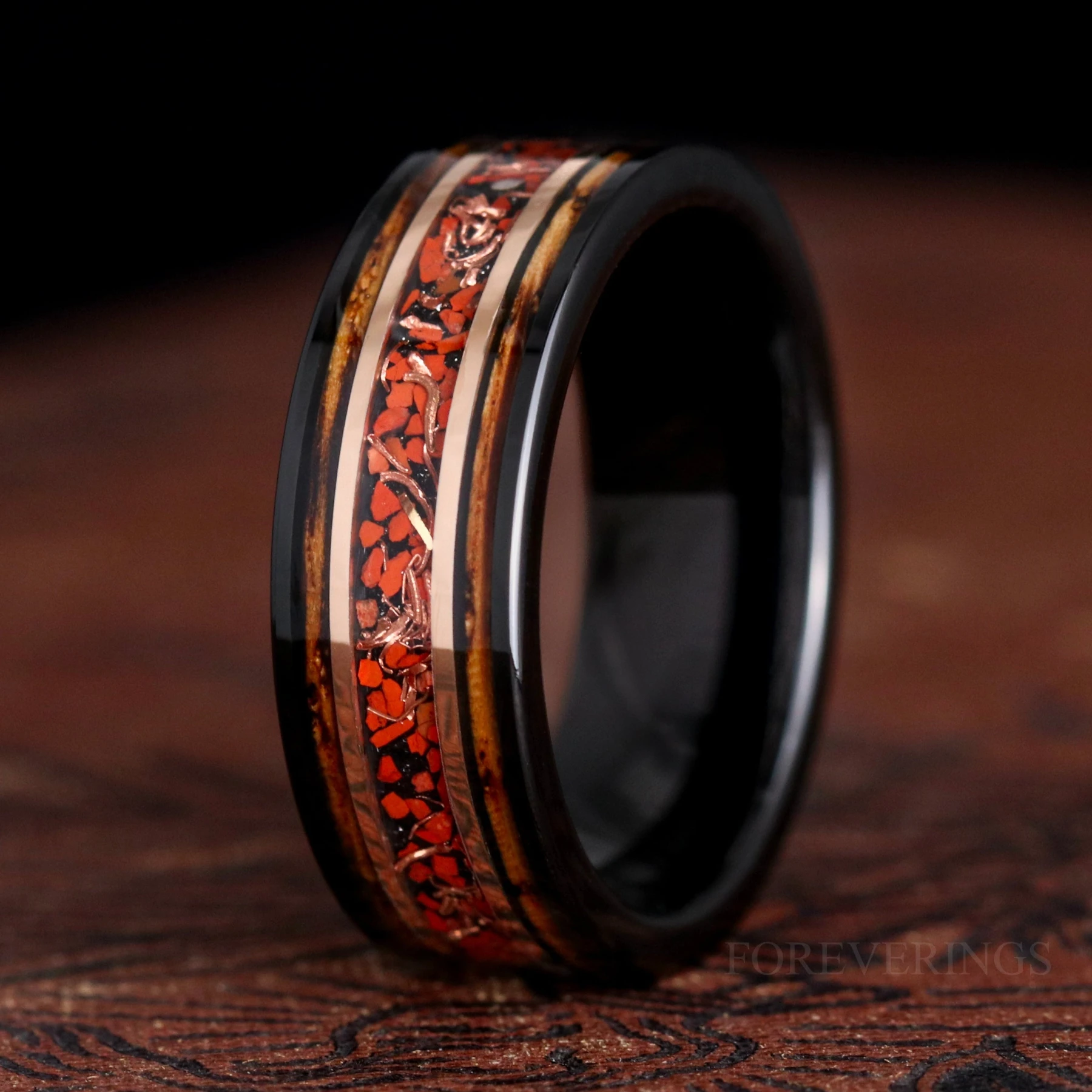 Dinosaur Bone & Whiskey Barrel Wedding Band | Mens Ring 8mm