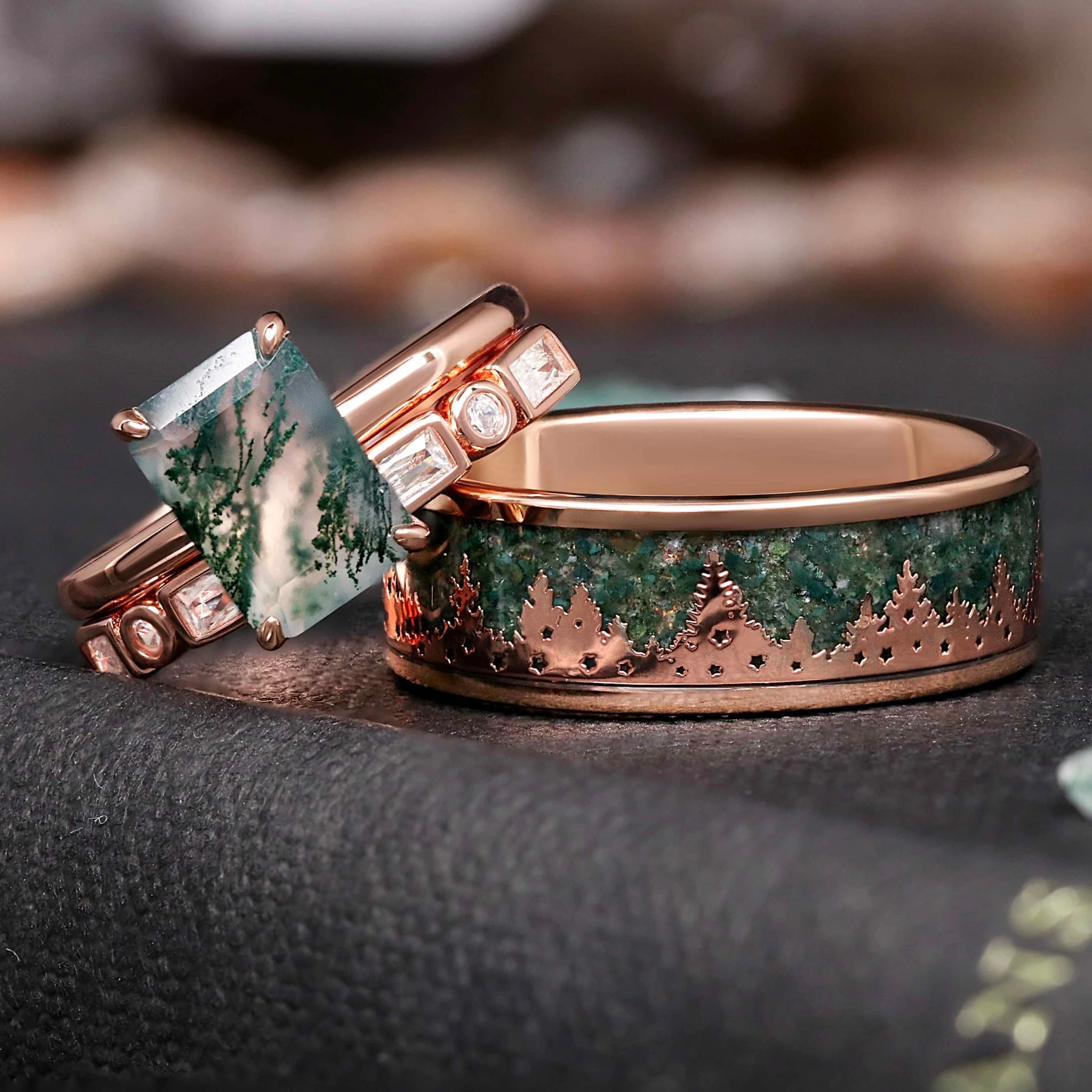 Vella Moss Agate Couples Ring Set | Rose Gold Wedding Bands