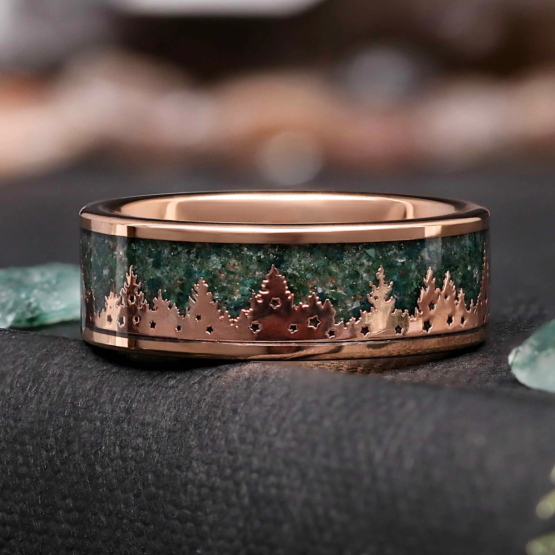 Moss Agate & Tree Landscape Tungsten Ring | Mens Wedding Band