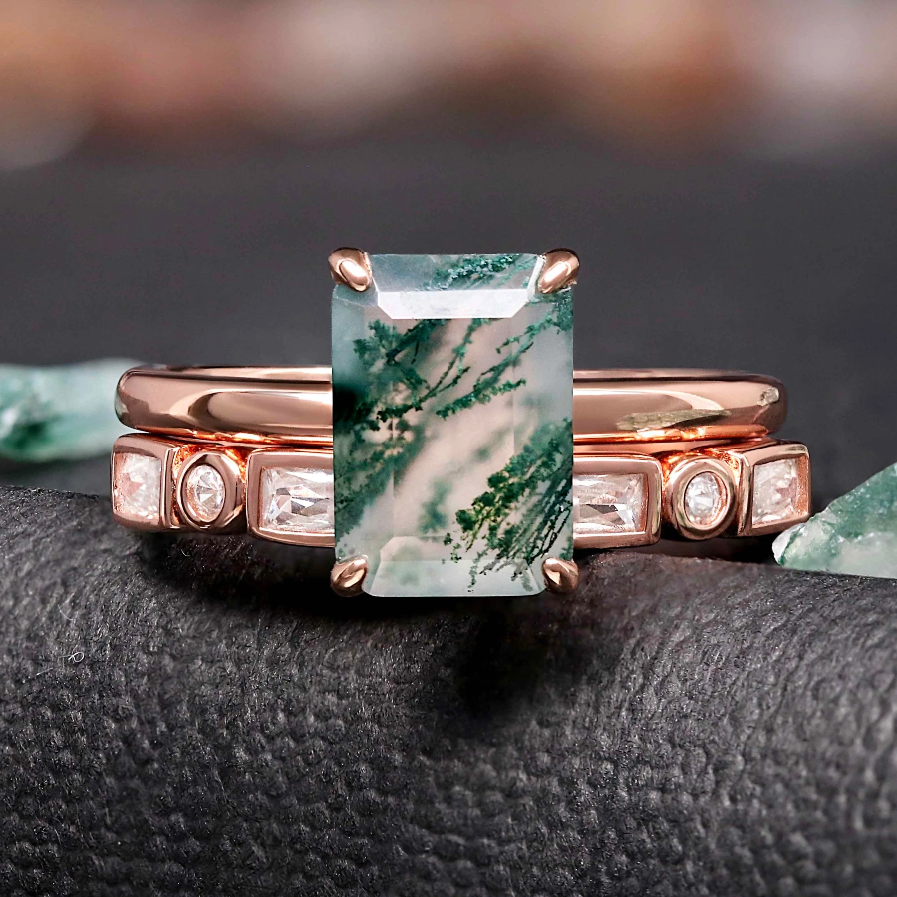 Vella Emerald Cut Moss Agate Bridal Set | Rose Gold Sterling Silver