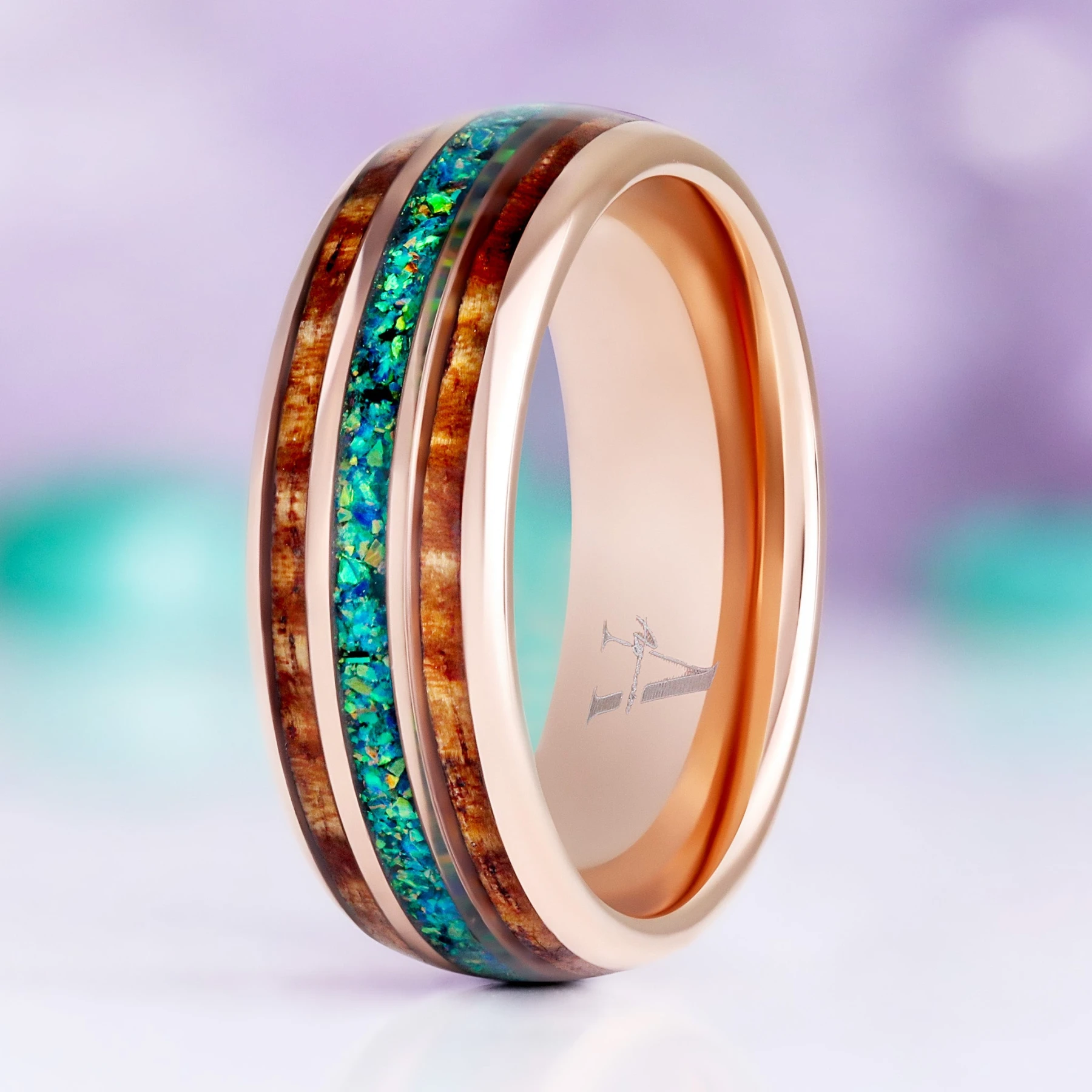 Whiskey Barrel & Peacock Fire Opal Men's Wedding Band in Tungsten (8mm)