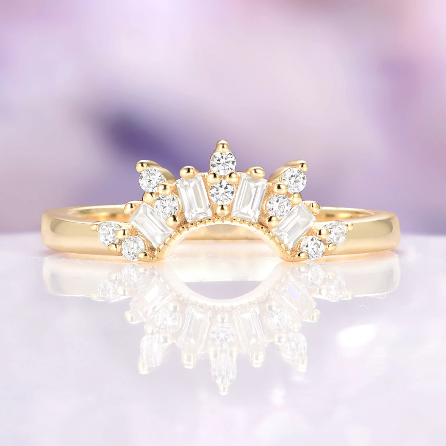 Moissanite Crown Wedding Band in Solid 14K Yellow Gold - view 1