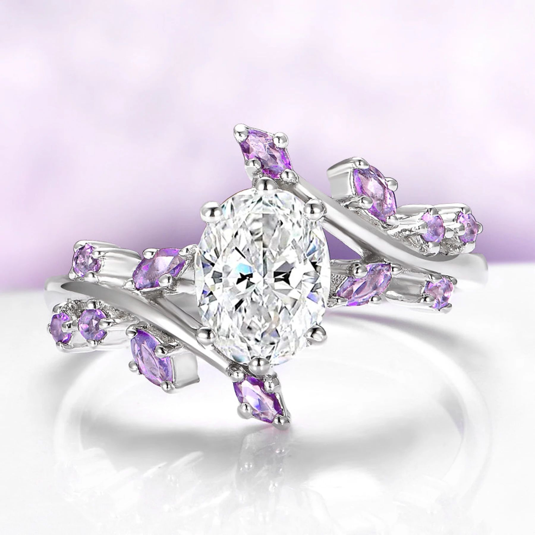Oval Lab Diamond & Amethyst Leaf Engagement Ring in 14K White Gold (IGI Certified) - view 1