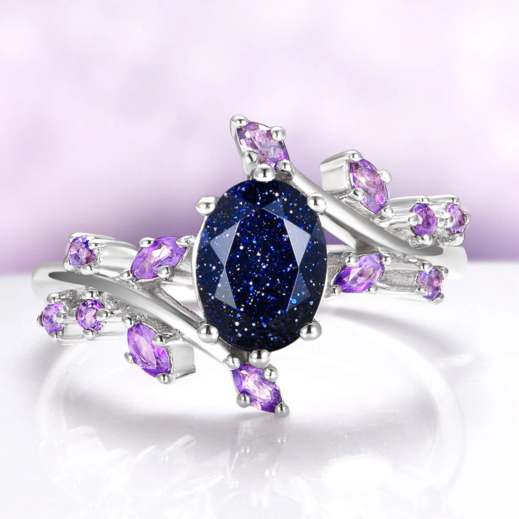 Starry Night® & Amethyst Galaxy Leaf Ring in Sterling Silver