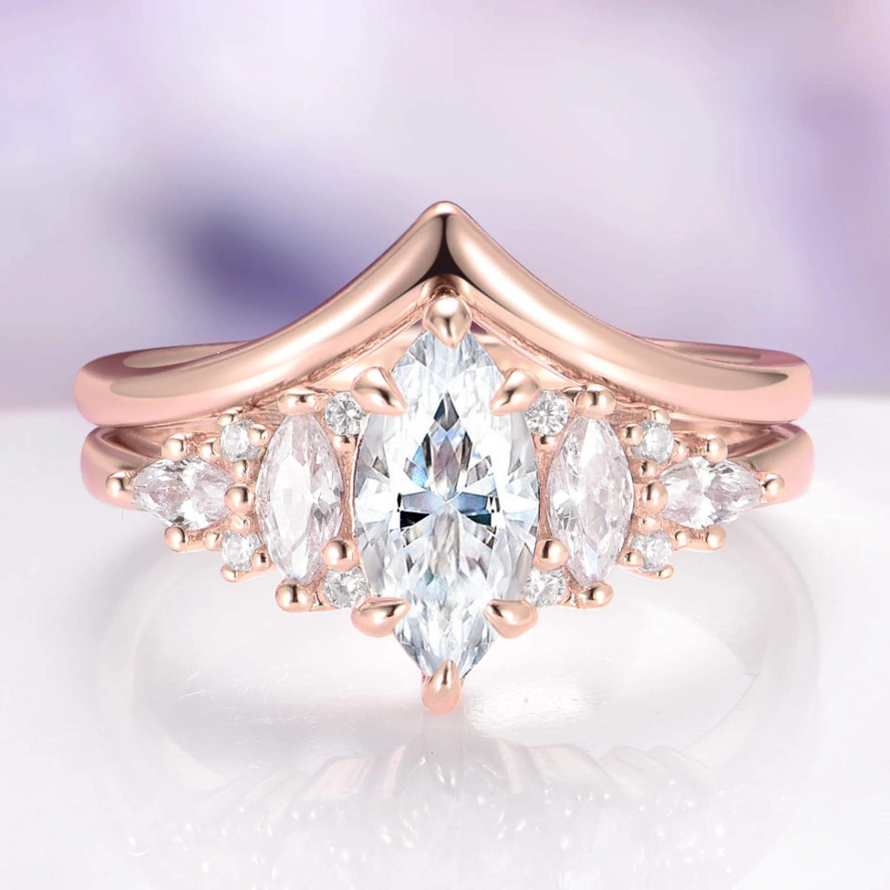Emerie Marquise Moissanite Engagement Ring Set in Solid 14K Rose Gold - view 1