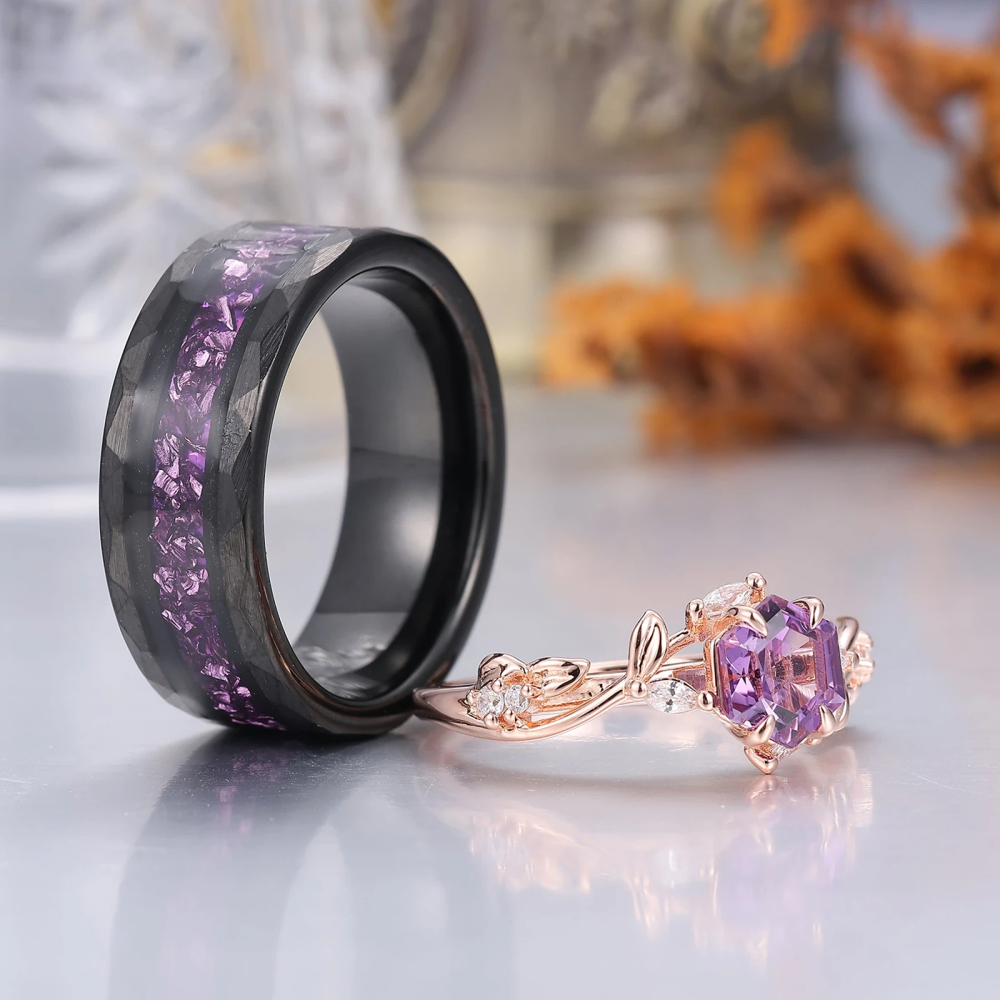 Dainty Natural Amethyst Leaf Twig Couple Ring S925 And Tungsten Couple Marriage Ring Set - view 3