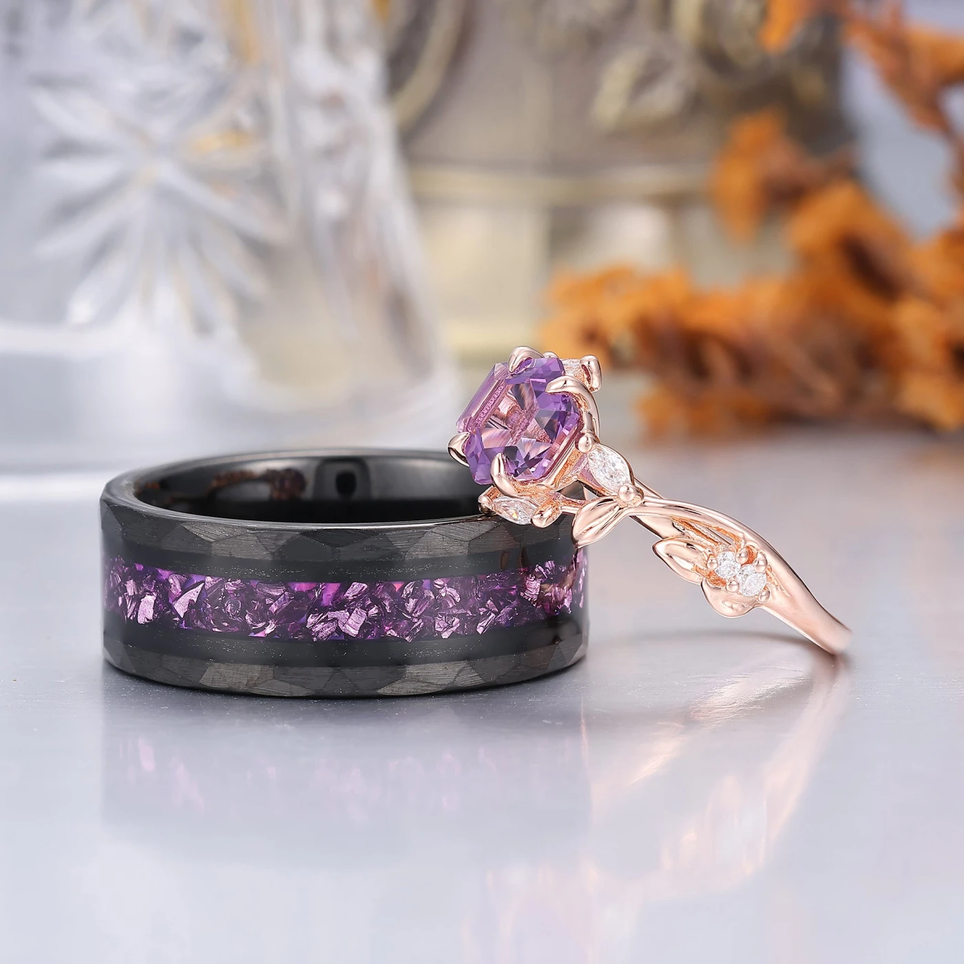 Dainty Natural Amethyst Leaf Twig Couple Ring S925 And Tungsten Couple Marriage Ring Set - view 4