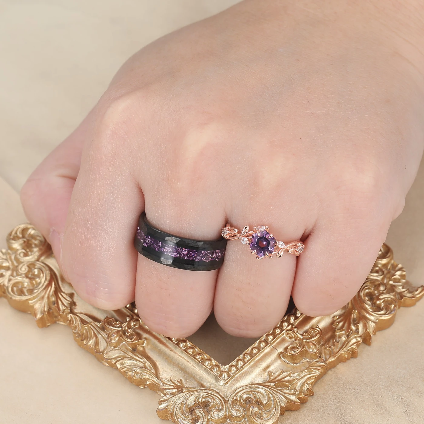 Dainty Natural Amethyst Leaf Twig Couple Ring S925 And Tungsten Couple Marriage Ring Set - view 5