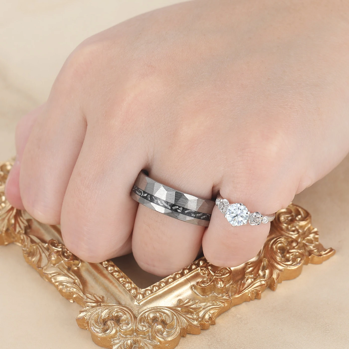 Artsy Rose Engraved Round Moissanite Couple Rings Unique Marriage Ring Set - view 5