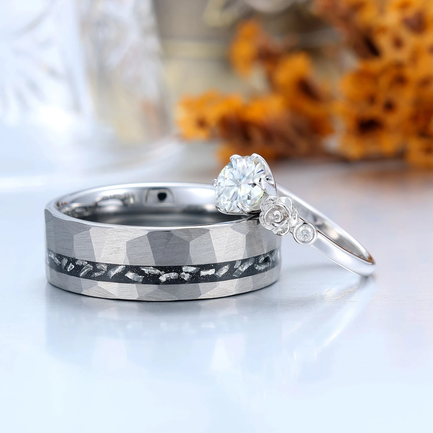 Artsy Rose Engraved Round Moissanite Couple Rings Unique Marriage Ring Set - view 3