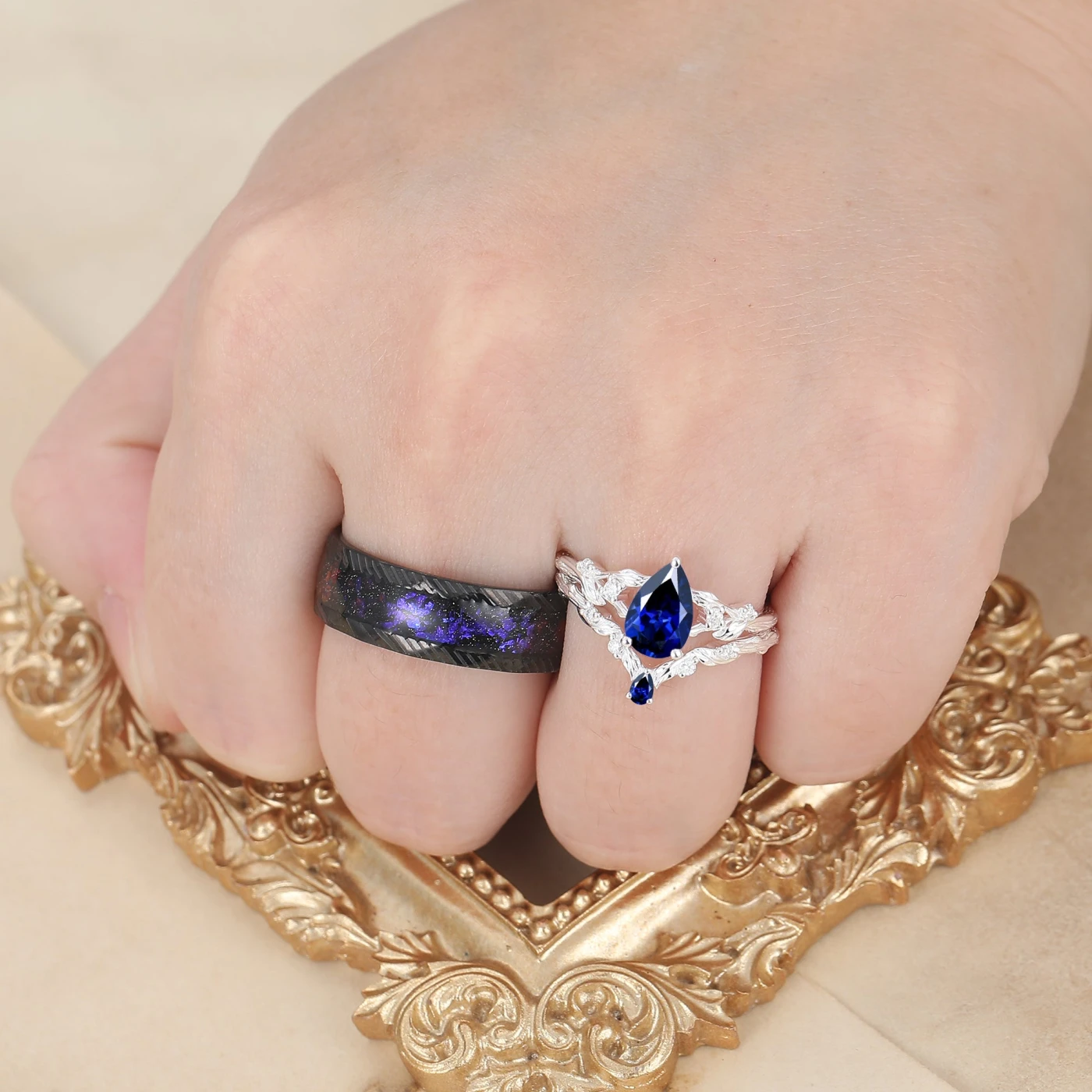 Leaf-inspired Pear Cut Sapphire His And Hers Rings Dainty Blue Gemstone Rings For Couple - view 5