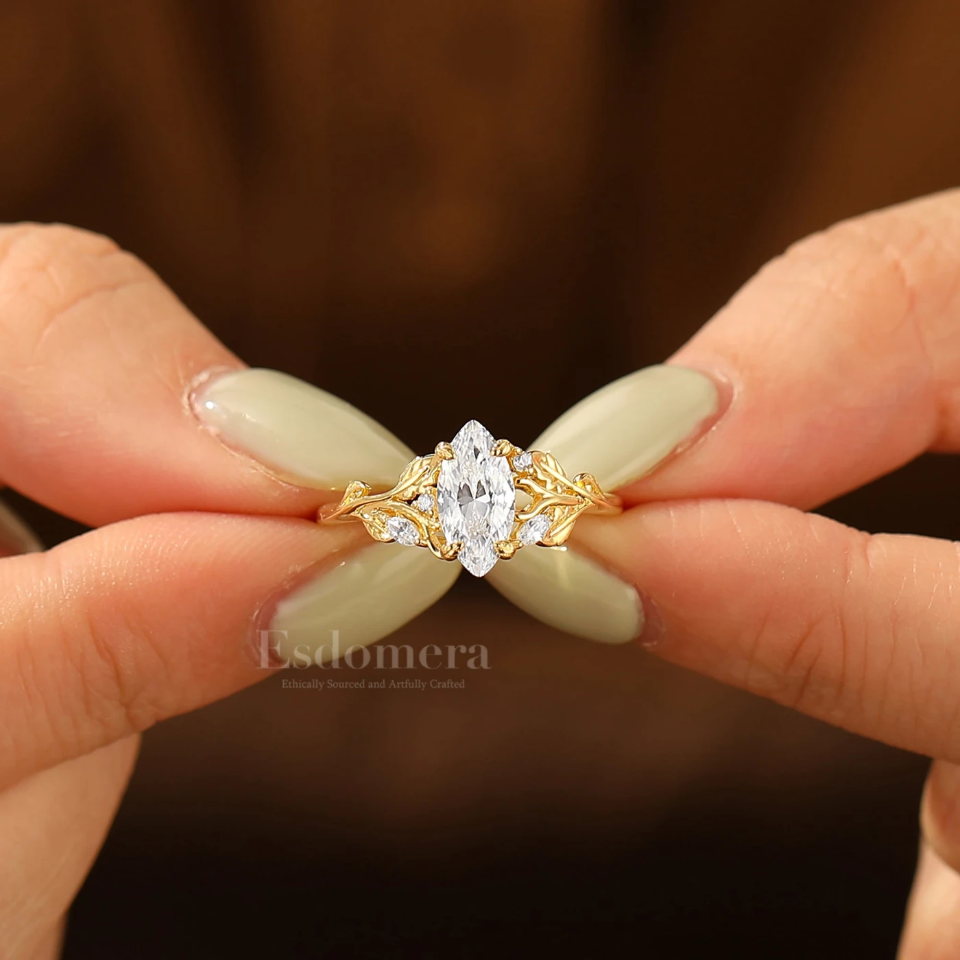 Art Deco Marquise Cut Engagement Ring Sprig Style Solid Gold