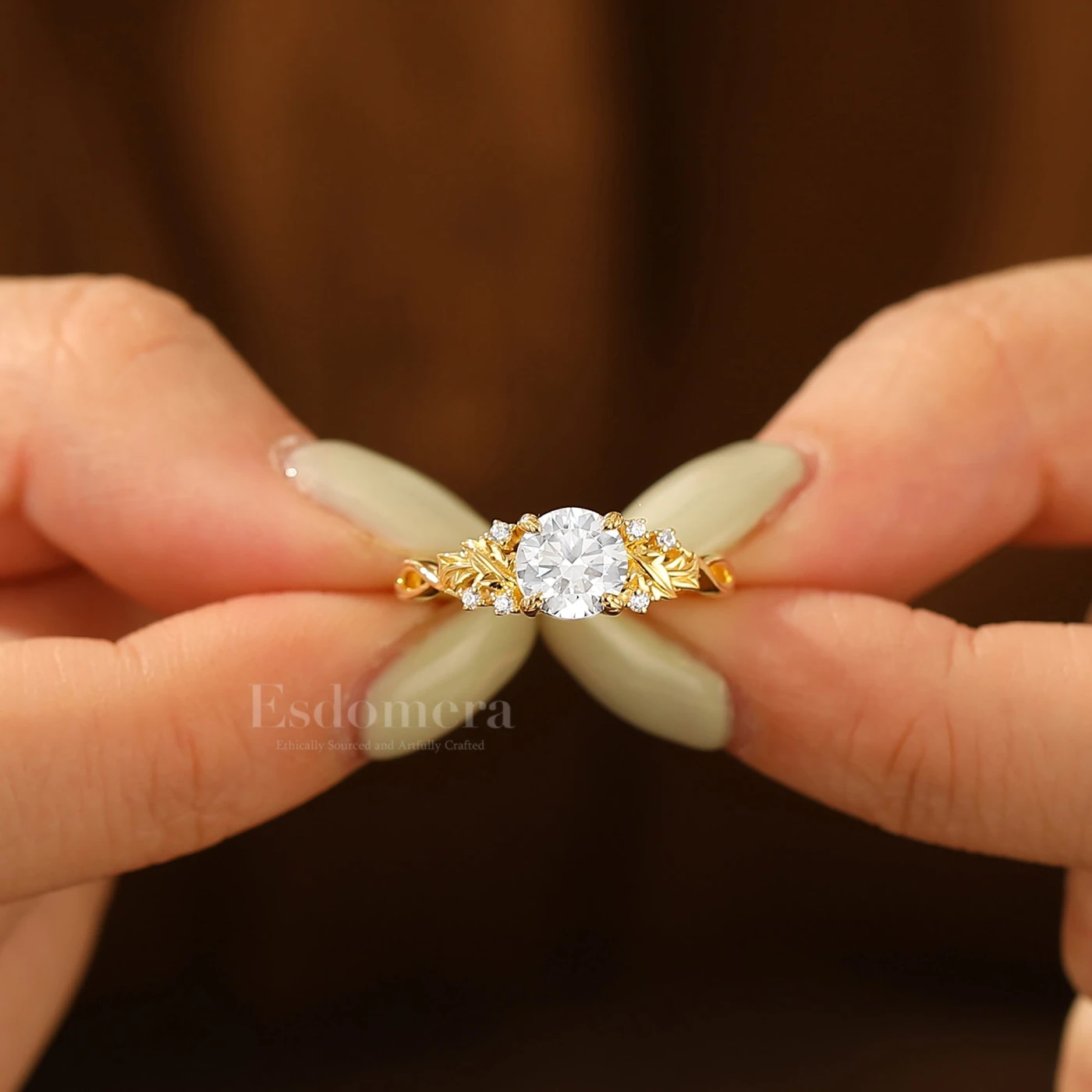 Leaf Branch 1CT Round Engagement Ring Solid Gold Floral Bridal Anniversary Ring