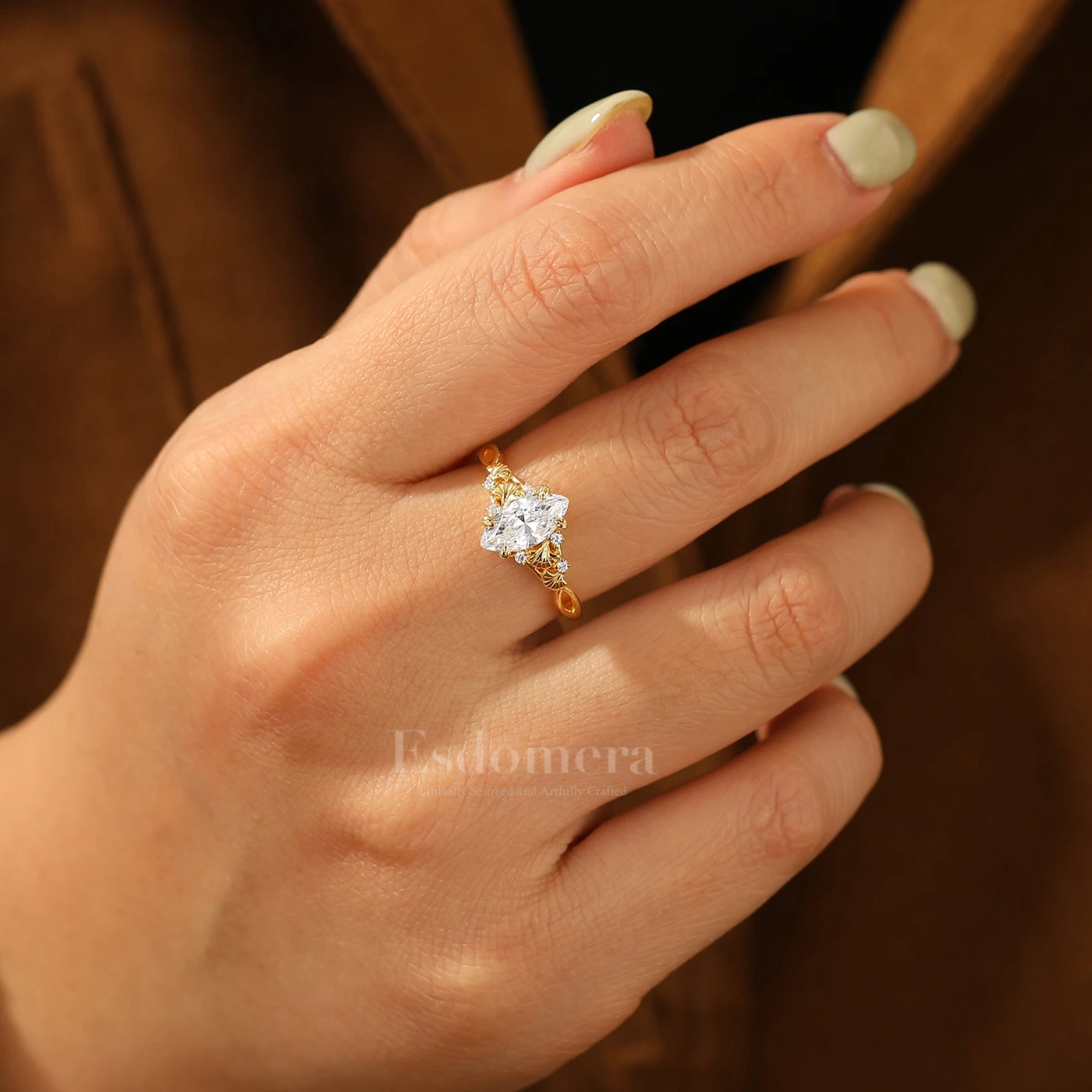 Ginkgo Engraved Marquise Cut Moissanite Engagement Ring Unique Prong Design Women Ring - view 8