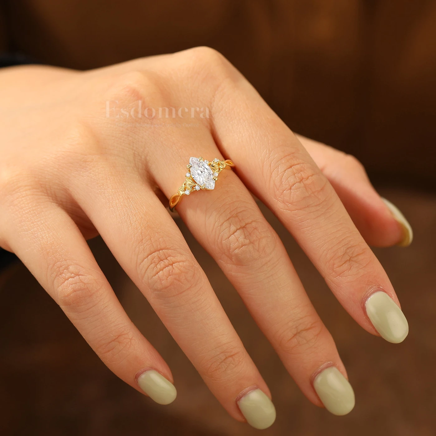 Ginkgo Engraved Marquise Cut Moissanite Engagement Ring Unique Prong Design Women Ring - view 5
