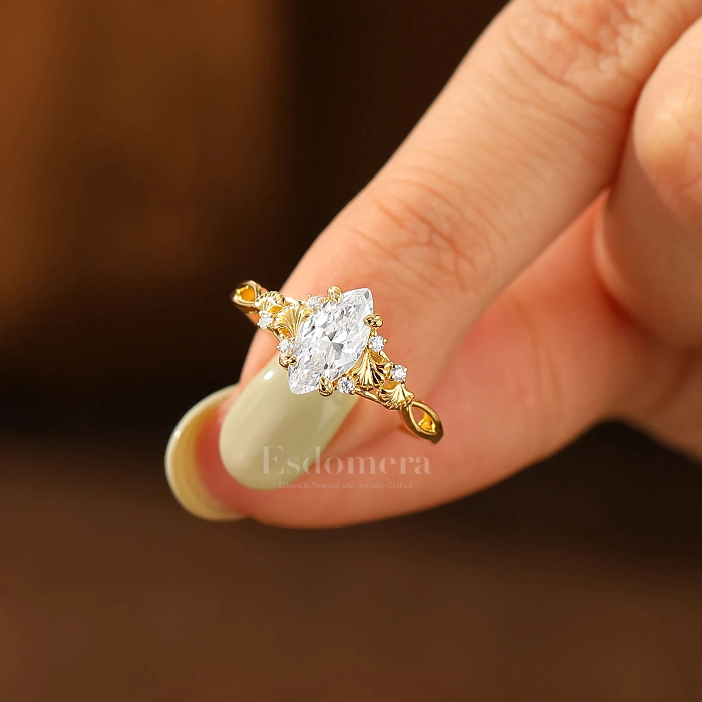 Ginkgo Engraved Marquise Cut Moissanite Engagement Ring Unique Prong Design Women Ring - view 2
