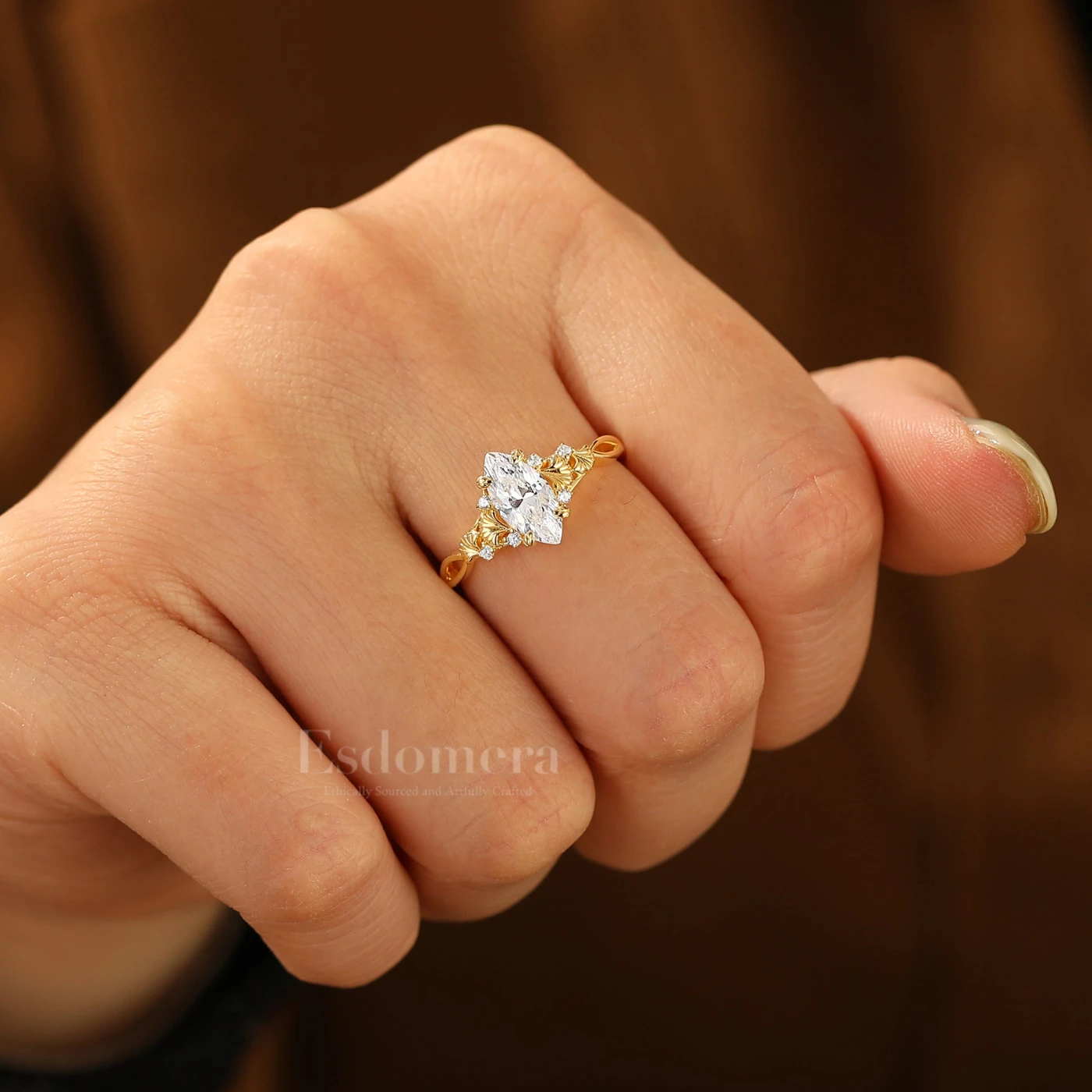 Ginkgo Engraved Marquise Cut Moissanite Engagement Ring Unique Prong Design Women Ring - view 7