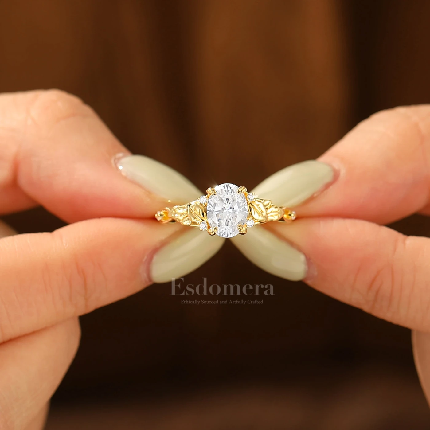Leaf Motif Oval Engagement Ring Natural Inspired Prong Setting