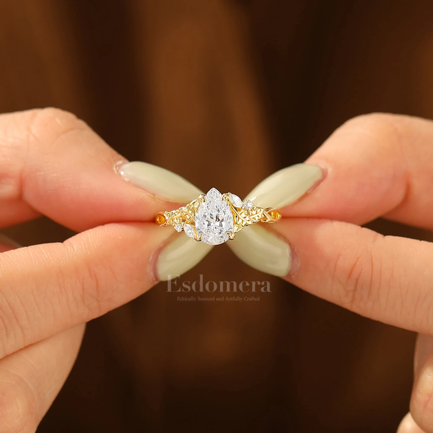 Vintage Inspired Pear Cut Engagement Ring Leaf Engraved Prong Setting Women Ring