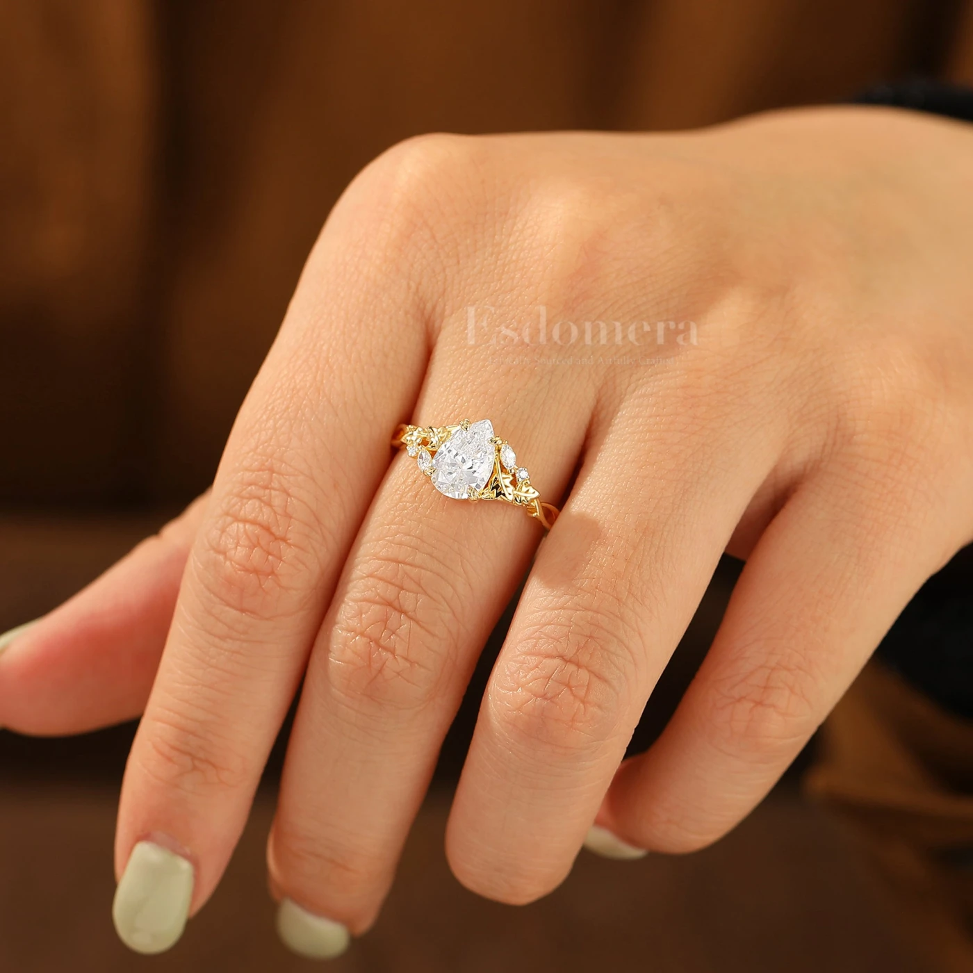 Vintage Inspired Pear Cut Moissanite Engagement Ring Leaf Engraved Prong Setting Women Ring - view 7