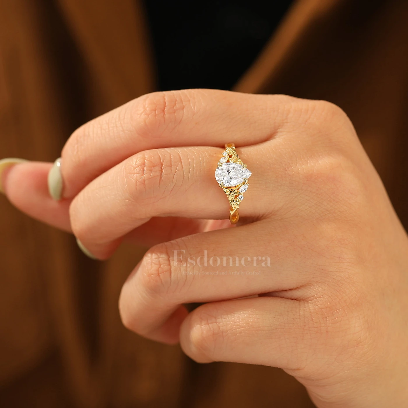 Vintage Inspired Pear Cut Moissanite Engagement Ring Leaf Engraved Prong Setting Women Ring - view 6