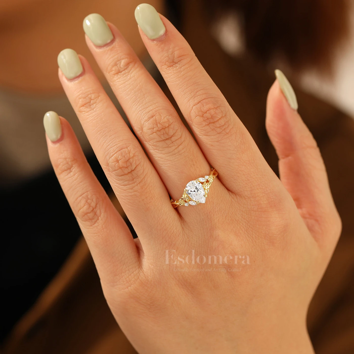 Vintage Inspired Pear Cut Moissanite Engagement Ring Leaf Engraved Prong Setting Women Ring - view 5