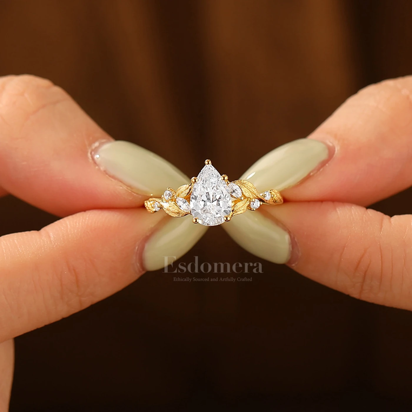 Pear Shape Leaf Style Women Fine Ring Natural Inspired Solid Gold Engagement Ring