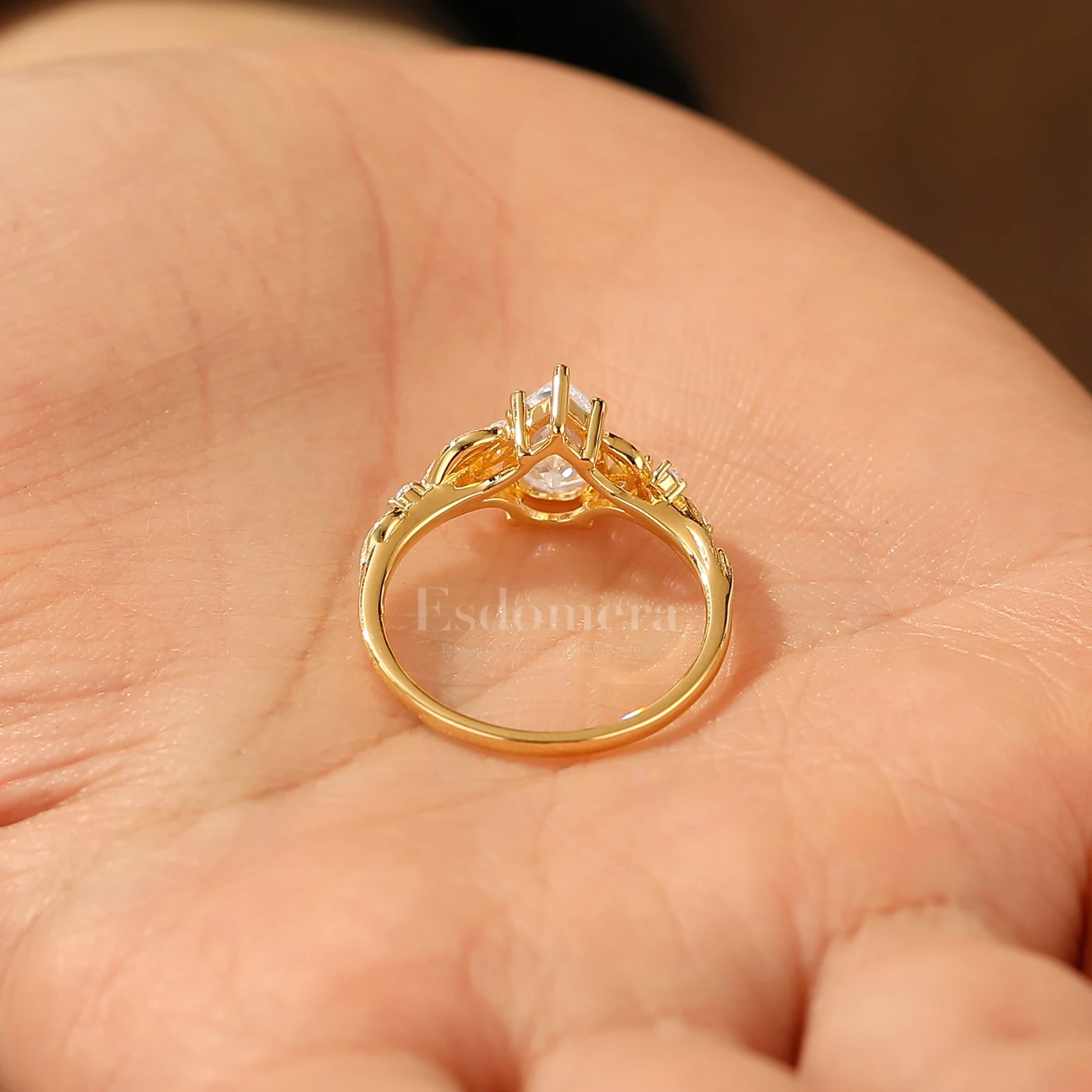 Pear Shape Moissanite Leaf Style Women Fine Ring Natural Inspired Solid Gold Engagement Ring - view 4